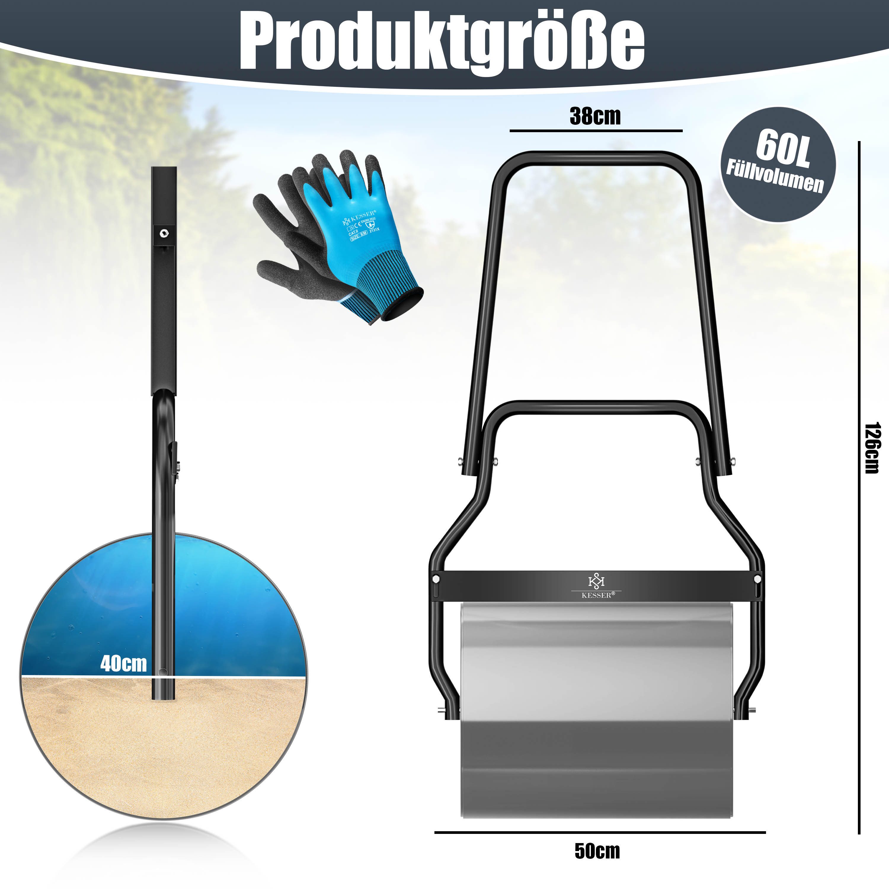 KESSER Rasenwalze Metall befüllbar mit Wasser oder Sand, Rasenroller inklusive Handschuhe,Gartenwalze mit 60 Liter Füllvolumen / 50 cm breit Handwalze