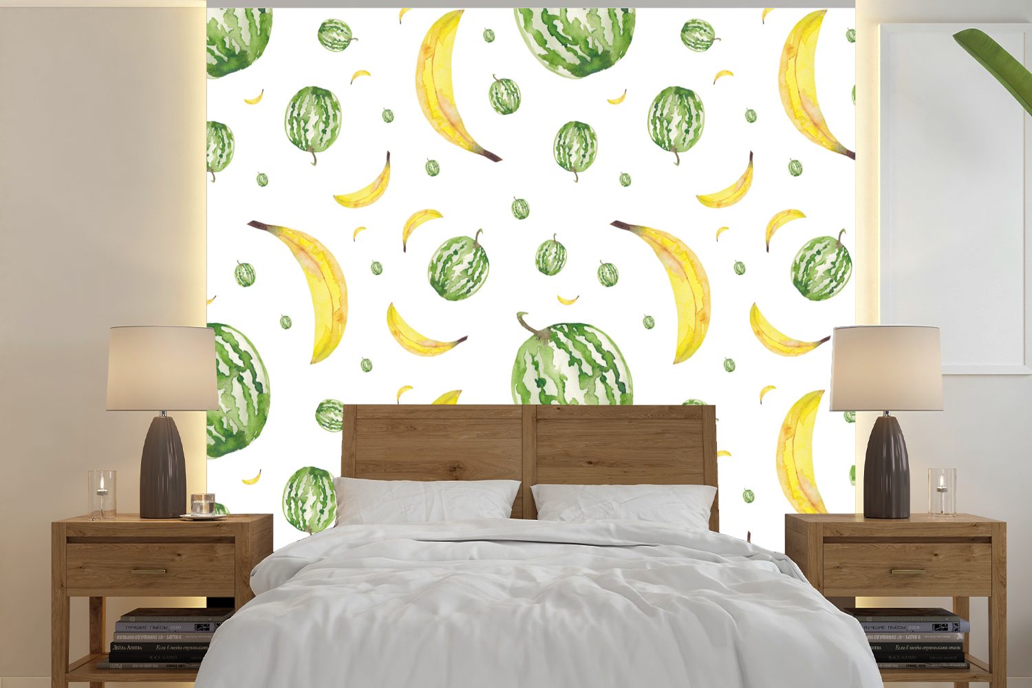 MuchoWow Fototapete Wassermelonen - Bananen - Schablonen, Matt, bedruckt, (5 St), Vinyl Tapete für Wohnzimmer oder Schlafzimmer, Wandtapete