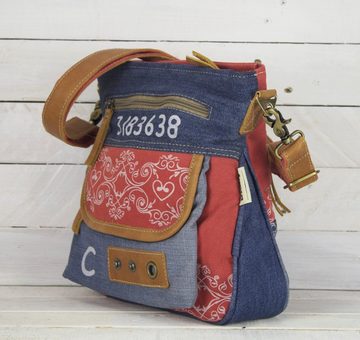 Sunsa Umhängetasche Damen Umhängetasche aus recycelte Jeans und rote Canvas. Große Crossbody Tasche in Vintage Design, recycelte Materialien