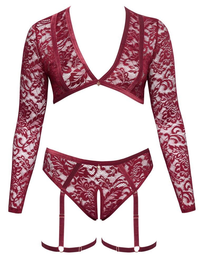 Cottelli CURVES Set: Bügelloser BH 2 tlg. Dessous-Set: Langarm-Top und Straps-Slip - rot (2-tlg) Abnehmbare Strapse mit Schenkelriemen