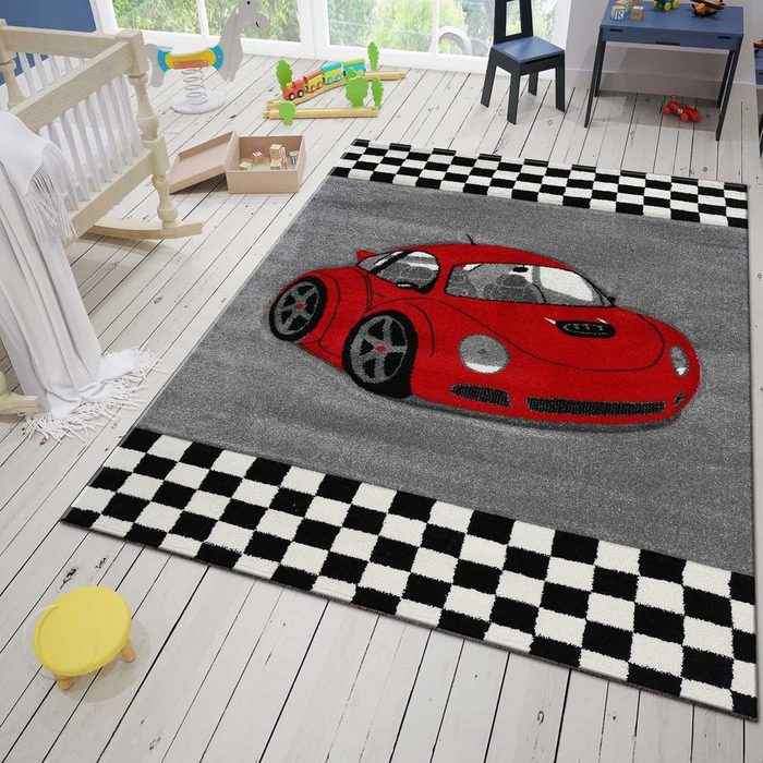 Teppich Kinderteppich Auto Car Rennwagen Kinderzimmer Spielzimmer Grau Schwarz Rot Vimoda Rechteckig