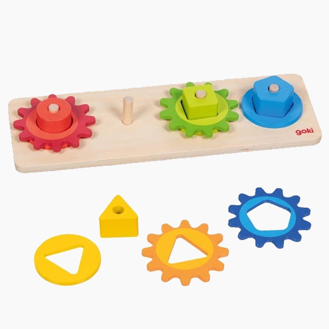 goki Lernspielzeug Sortierspiel Formen mit Zahnrädern (Packung, 12-St., 12 teiliges set), Sortieren, drehen, entdecken: Farben, Formen