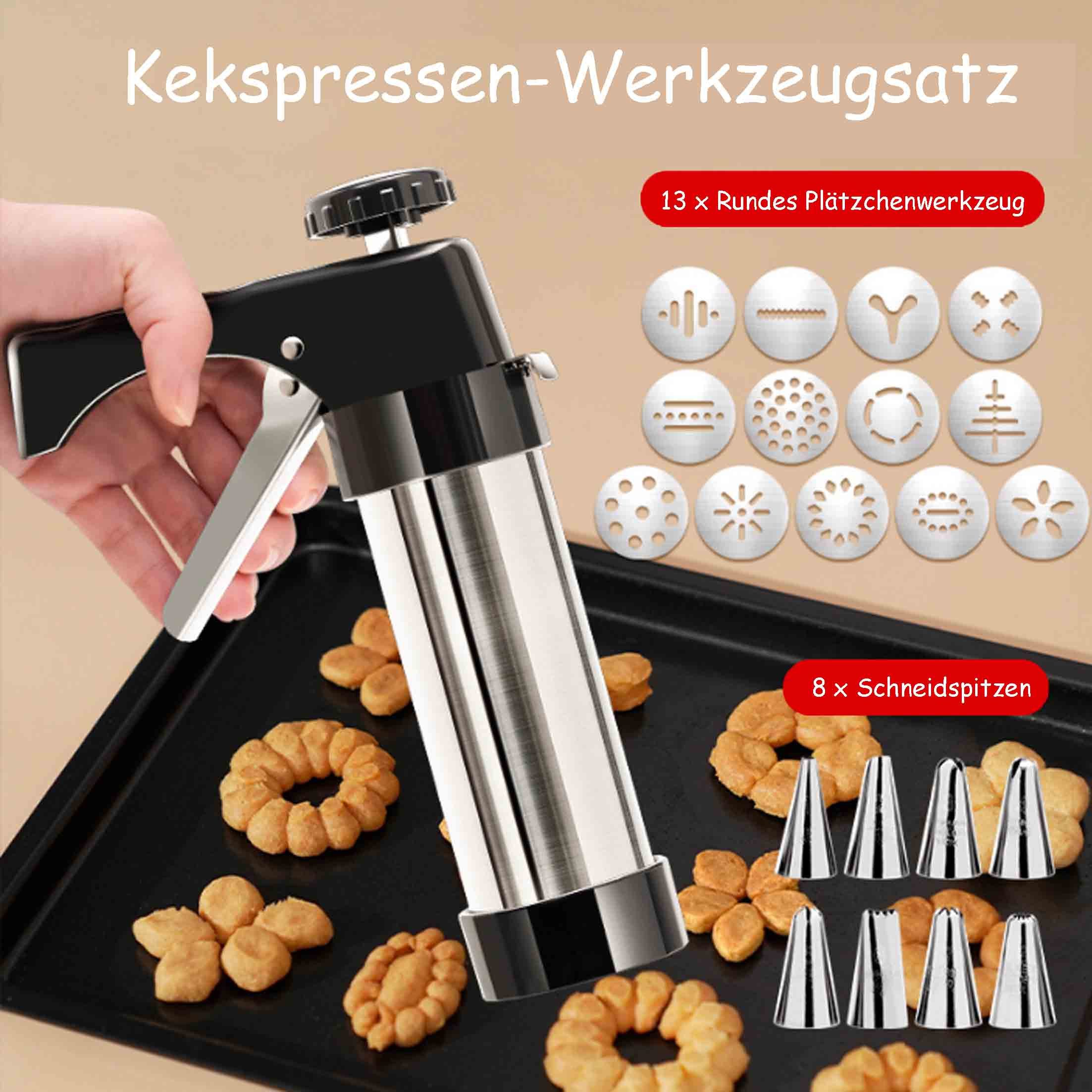 KINSI Gebäckpresse Biskuitpistole, Cremerahmenpistole, Backwerkzeug, Förmchenset, (21-tlg), Mit 13 Formen und 8 Paspelspitzen, Ideal für Kekse, Sahne