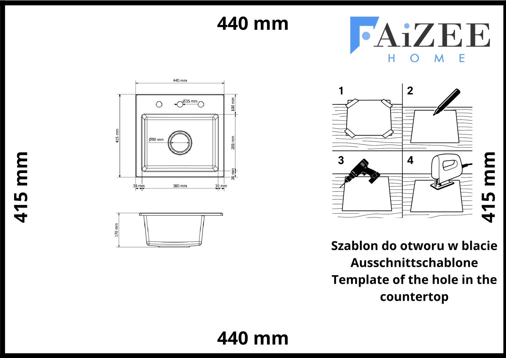 Faizee Home Granitspüle Faizee Home, Granitspüle Compact 44×41,5 cm – Küchenspüle Spülbecken