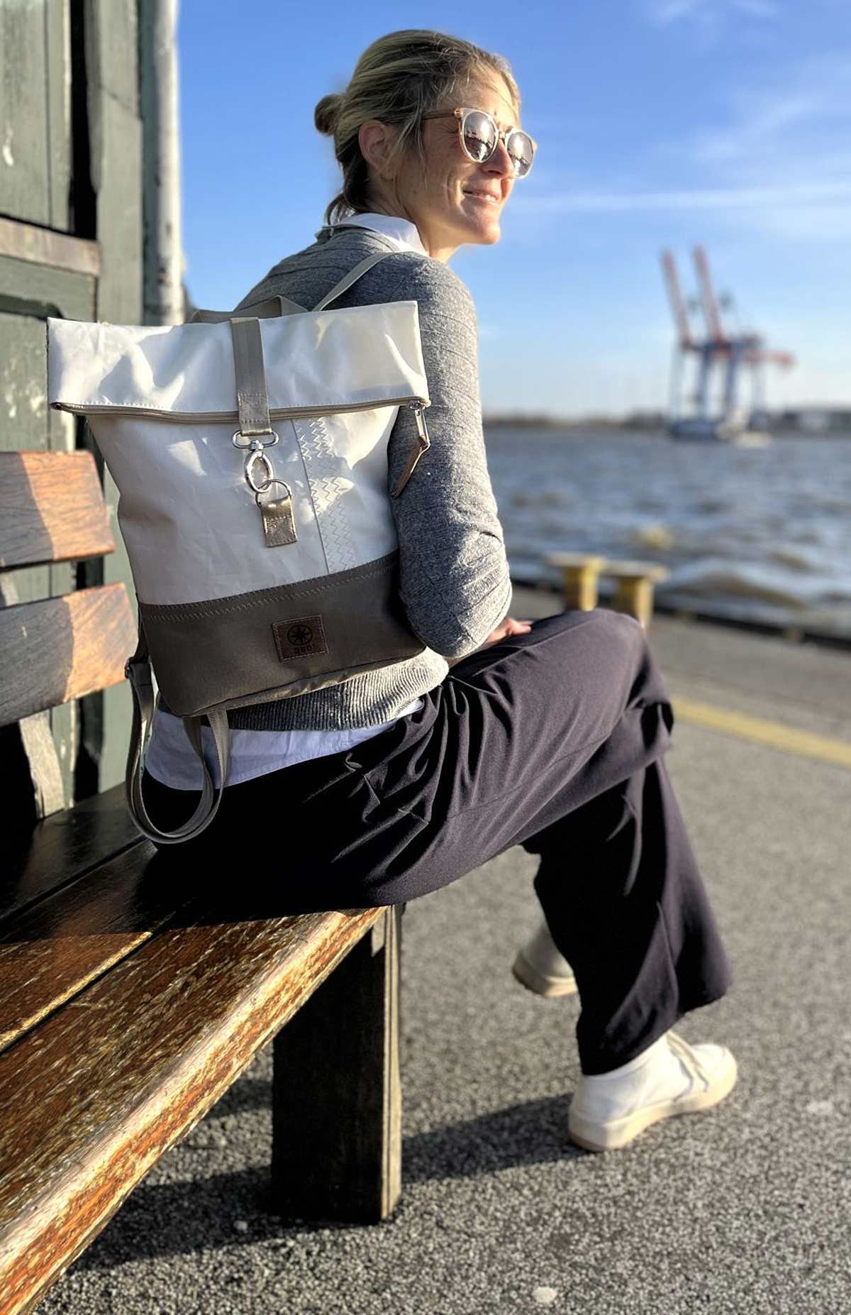 360Grad Rucksack Rucksack Möwe recyceltes Segeltuch Weiß Blau Grau