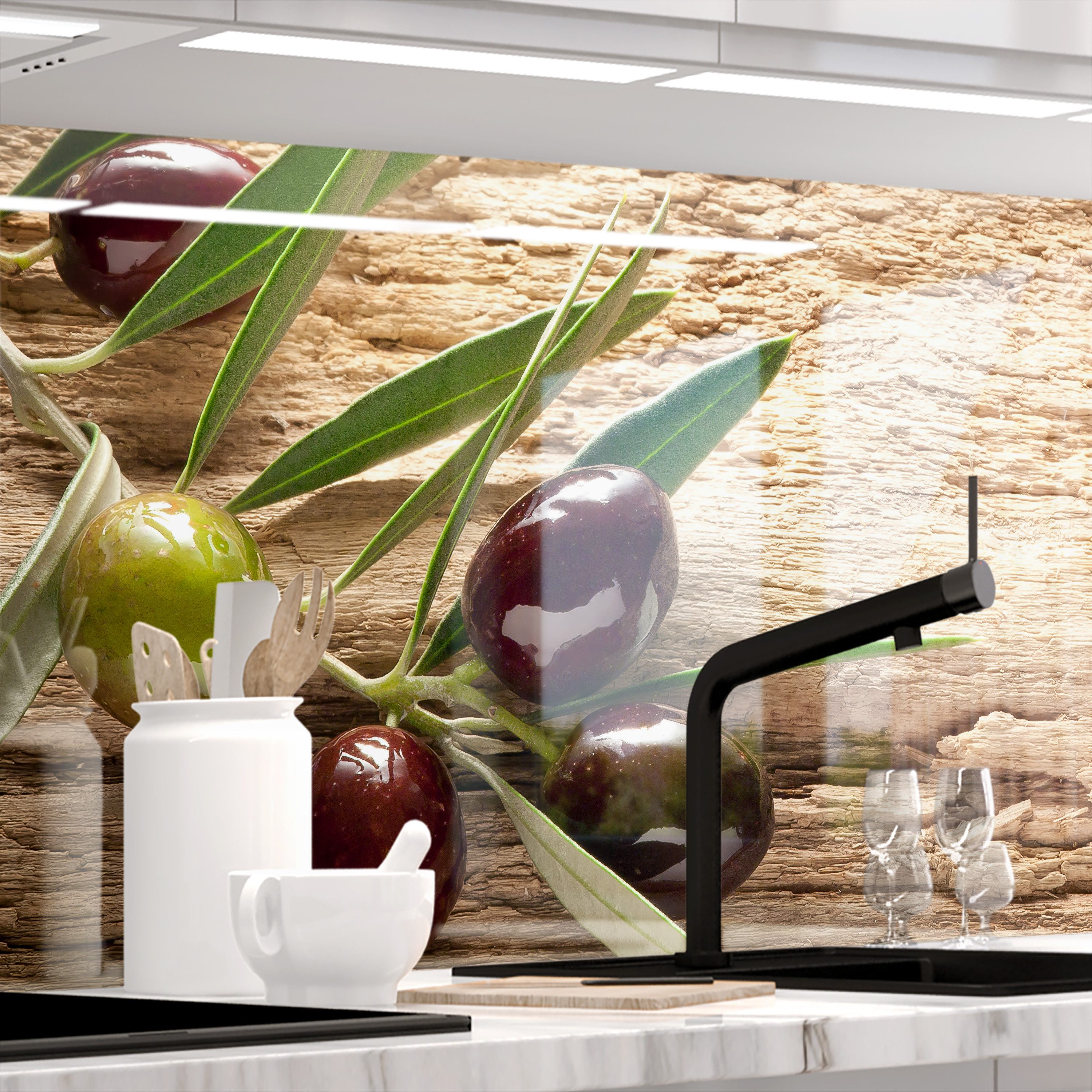 Stickerprofis Küchenrückwand OLIVEN (Glasoptik), (Premium), 1,5mm, selbstklebend, hält auf besonders vielen Öberflächen