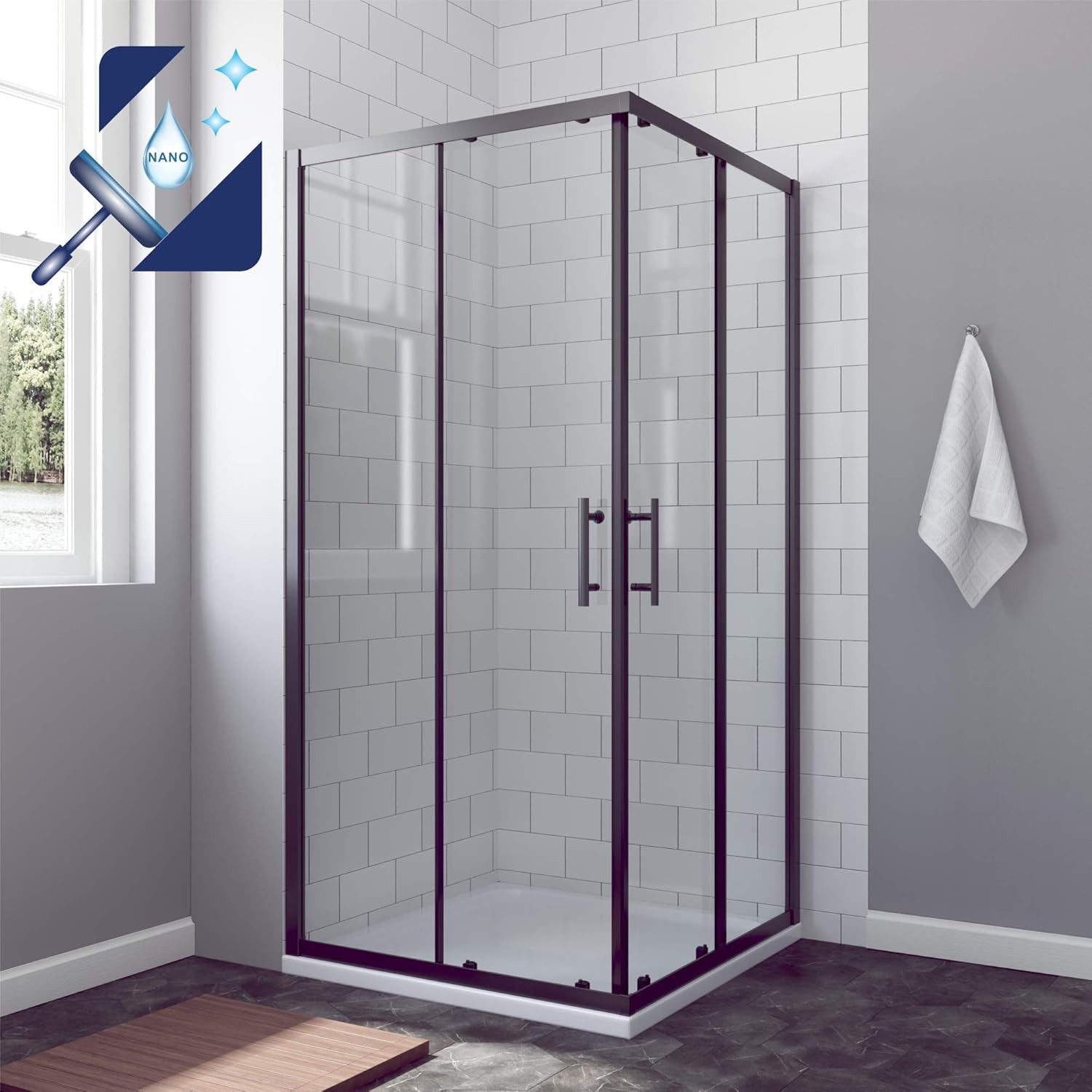 AQUABATOS Eckdusche Duschkabine Eckdusche schwarz matt Eckeinstieg, BxT: 90x90 cm, Einscheibensicherheitsglas, Sicherheitsglas, 80x80x195 cm 90x90x195cm 100x100x195cm Schiebetür Lotus-Effekt, Vollrahmt, Ebenerdige Montage möglich, Großer Verstellbereich