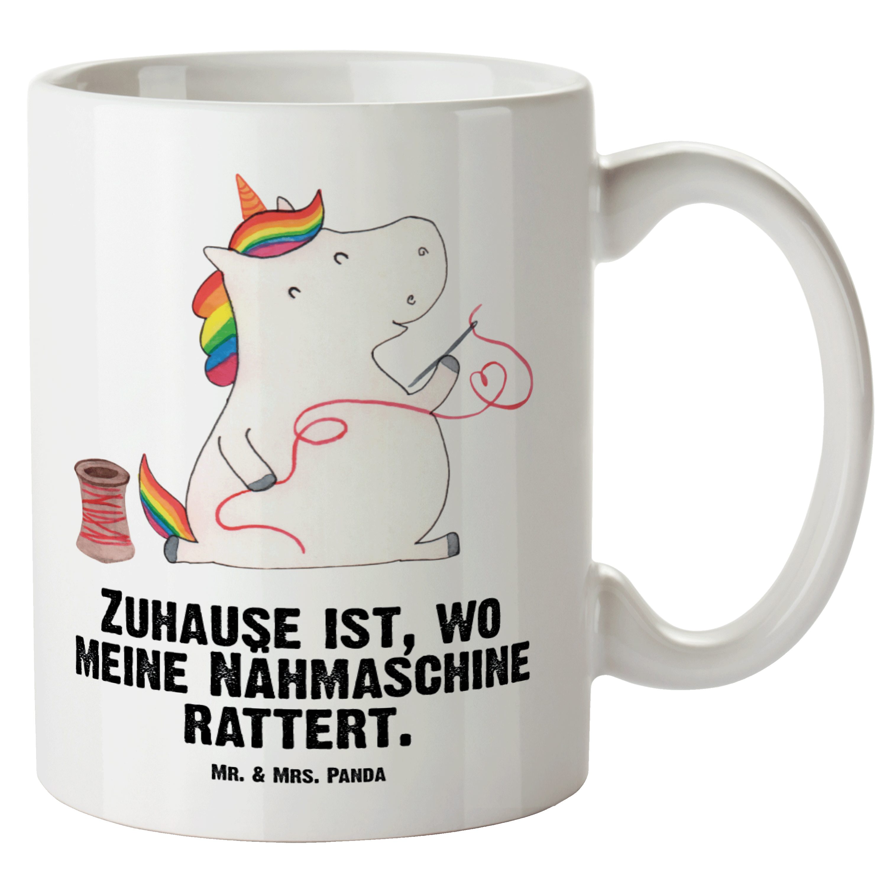 Mr. & Mrs. Panda Tasse Einhorn Näherin - Weiß - Geschenk, Unicorn, nähen, XL Becher, Jumbo T, XL Tasse Keramik