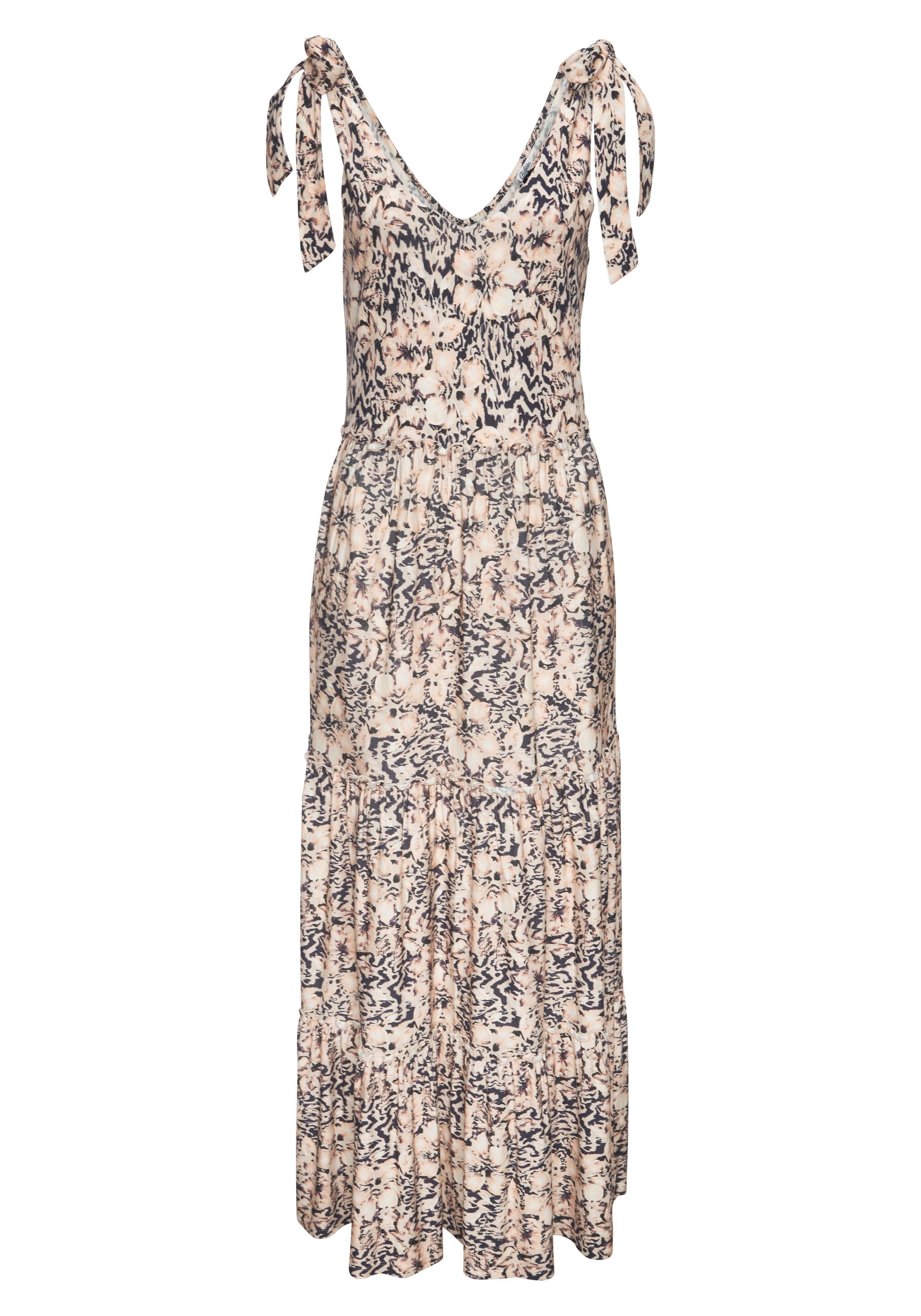 Buffalo Maxikleid in lockerem Schnitt mit gestuftem Rockteil und Blumendruck langes Strandkleid, Sommerkleid aus Viskose, luftiges Jerseykleid