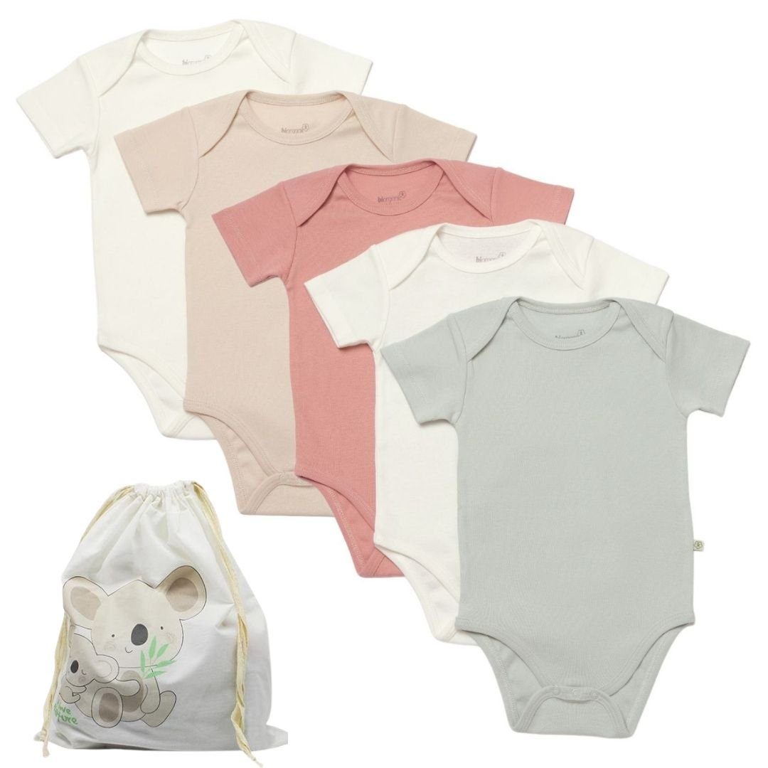 biorganic Kurzarmbody (5er Pack) für Jungen und Mädchen, Unisex, Mehrfarbig Baby Body (Set, 6-tlg., 5er-Pack Bodys & 1 Beutel) Kurzarm, 100% Bio-Baumwolle, GOTS-zert., mit praktischen Druckknöpfen