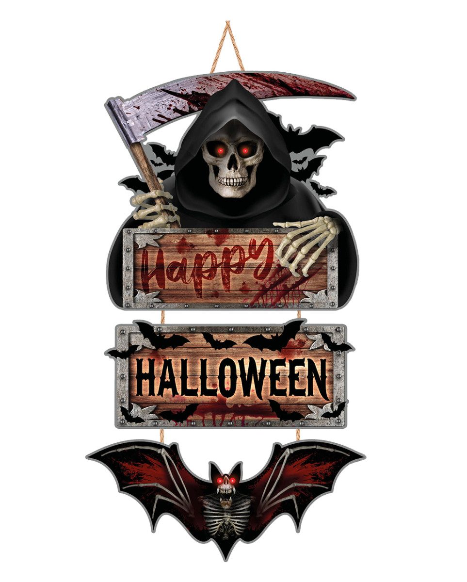Horror-Shop Hängedekoration Happy Halloween Reaper & Fledermaus Holzschild günstig online kaufen