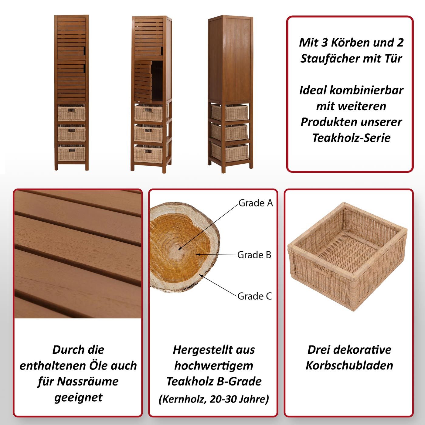 MCW Hochschrank MCW-M84-HS Drei dekorative Korbschubladen, Inklusive Fußbodenschoner