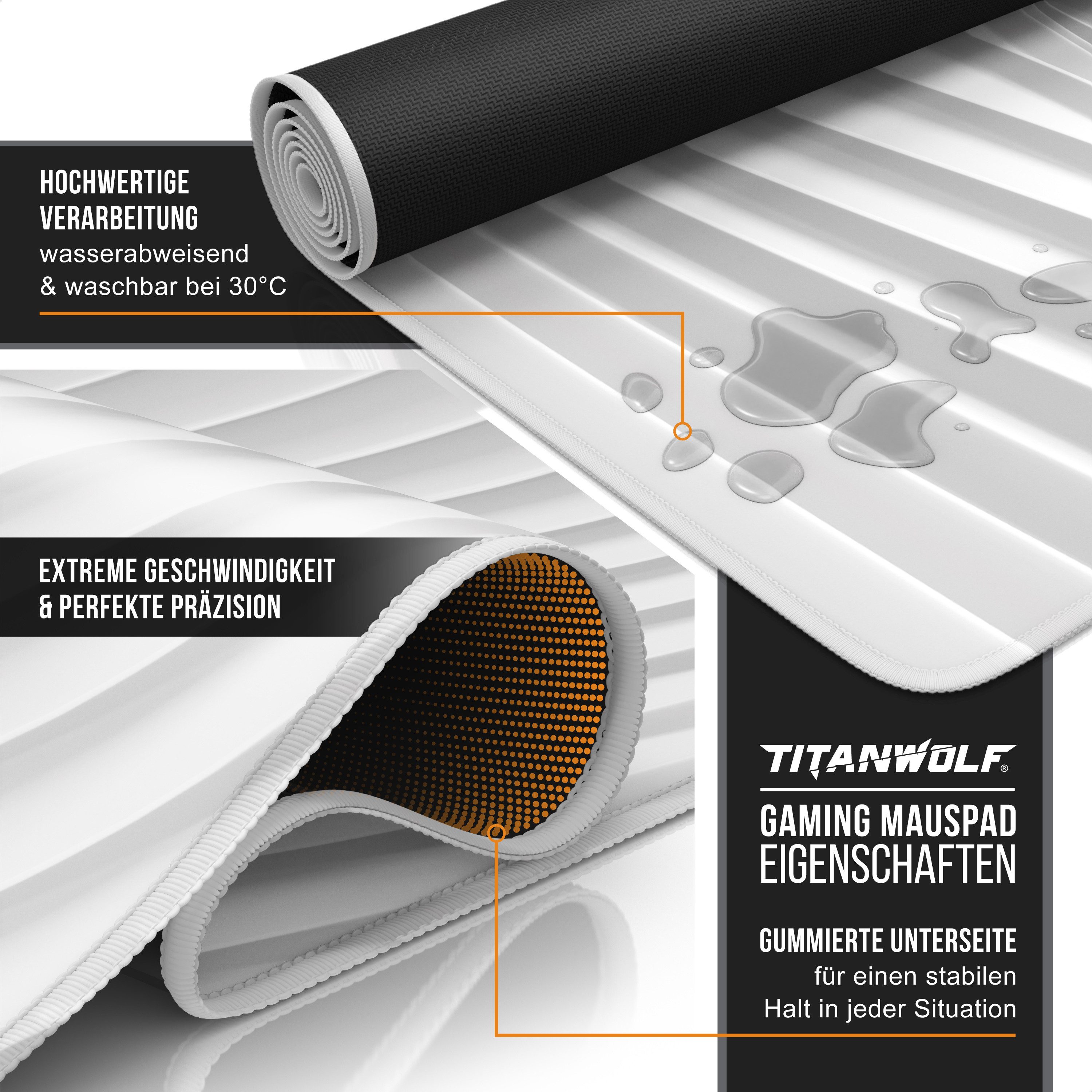 Titanwolf Gaming Mauspad XXL Speed Mousepad 900 x 400 x 3 mm, Schreibtischauflage, abwaschbar, rutschfeste Rückseite, Geschwindigkeit & Präzision, White Wave