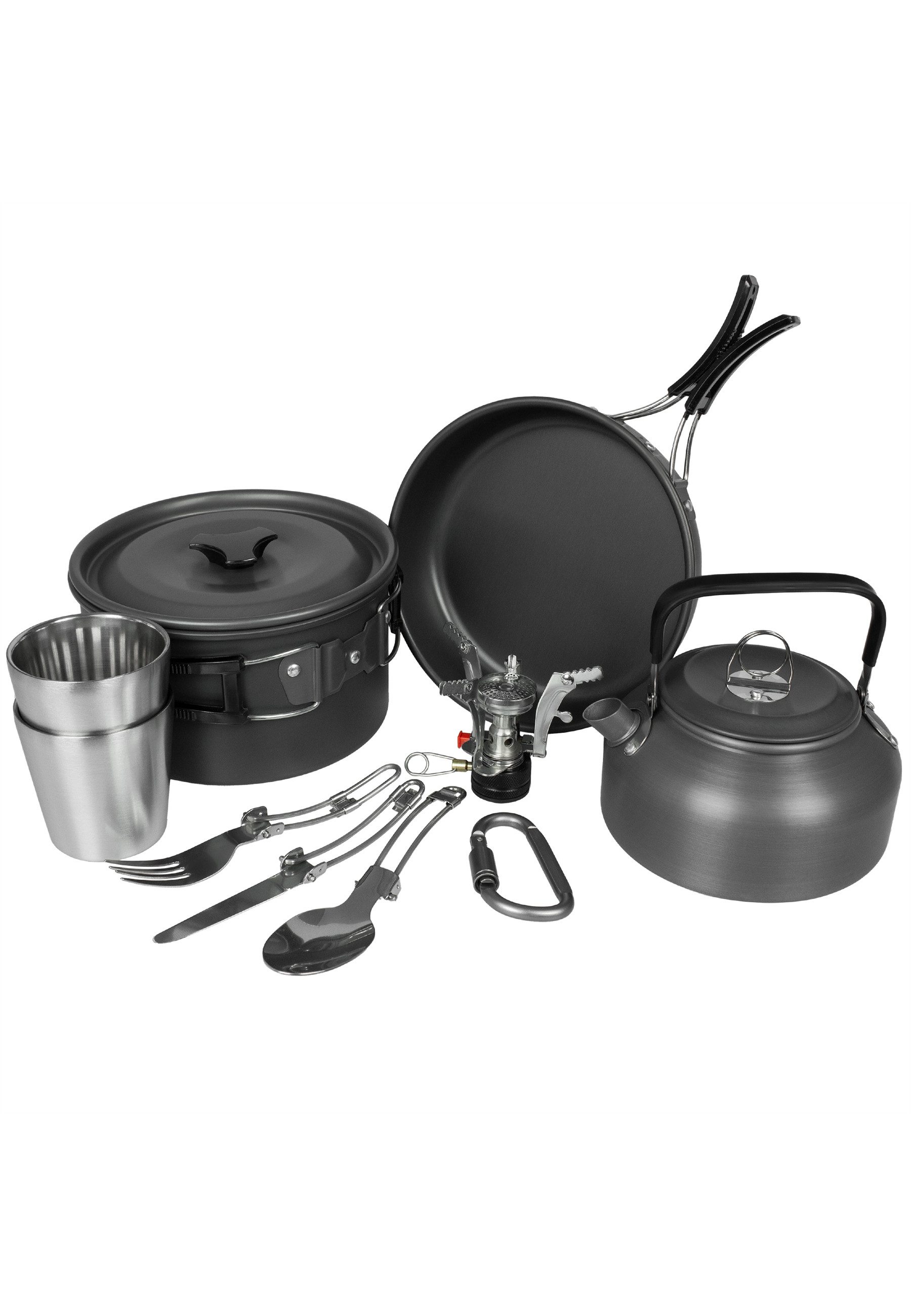Black Snake Geschirr-Set Camping Kochgeschirr Set 10-teilig für 1-2 Personen (10-tlg), 2 Personen, Aluminium, Kompaktes Kochset mit Topf, Pfanne, Kessel und Besteck