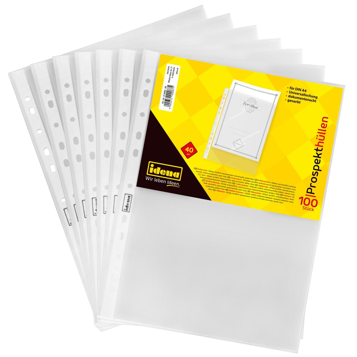 Idena Prospekthülle Idena 376002 - Prospekthülle DIN A4 Format, genarbt, 40µ, 100 Stück