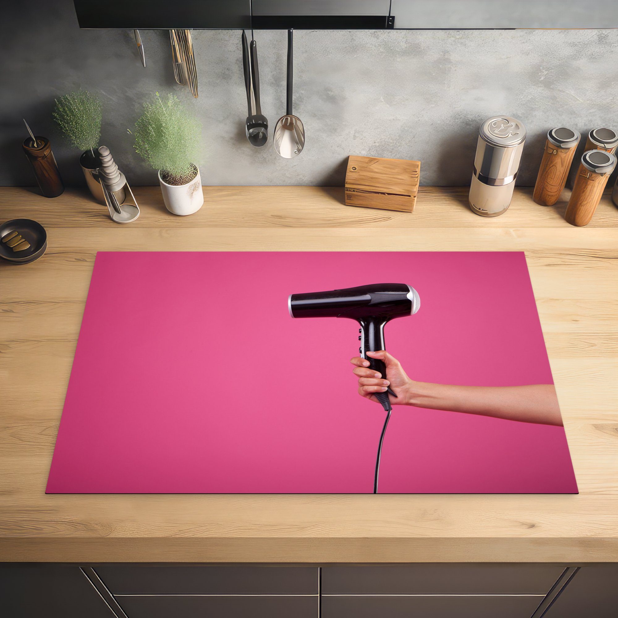 küche, einem Herdblende-/Abdeckplatte schwarzer Ein Induktionskochfeld Haartrockner tlg), cm, Ceranfeldabdeckung Schutz (1 auf Vinyl, rosa die für Hintergrund, 81x52 MuchoWow