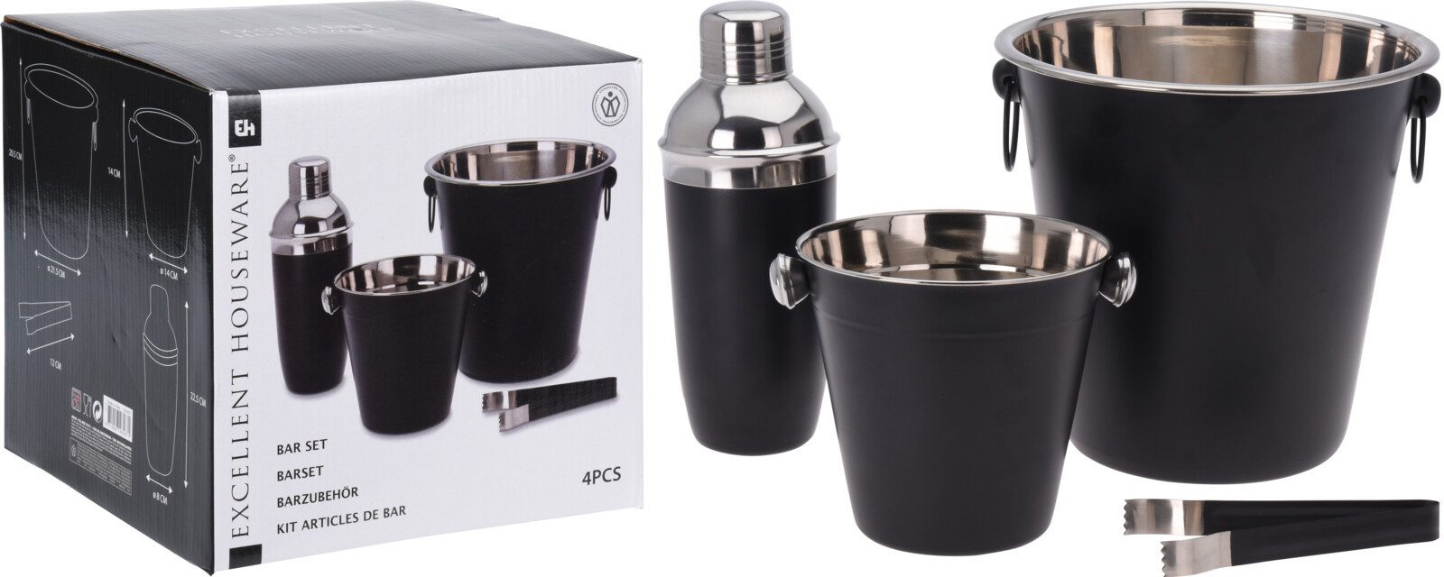 Koopman Cocktail-Set Barset Flaschenkühler Schwarz Set 4 Tlg., (4-tlg), Shaker, Flaschenkühler, Eiseimer + Zange, Barzubehör