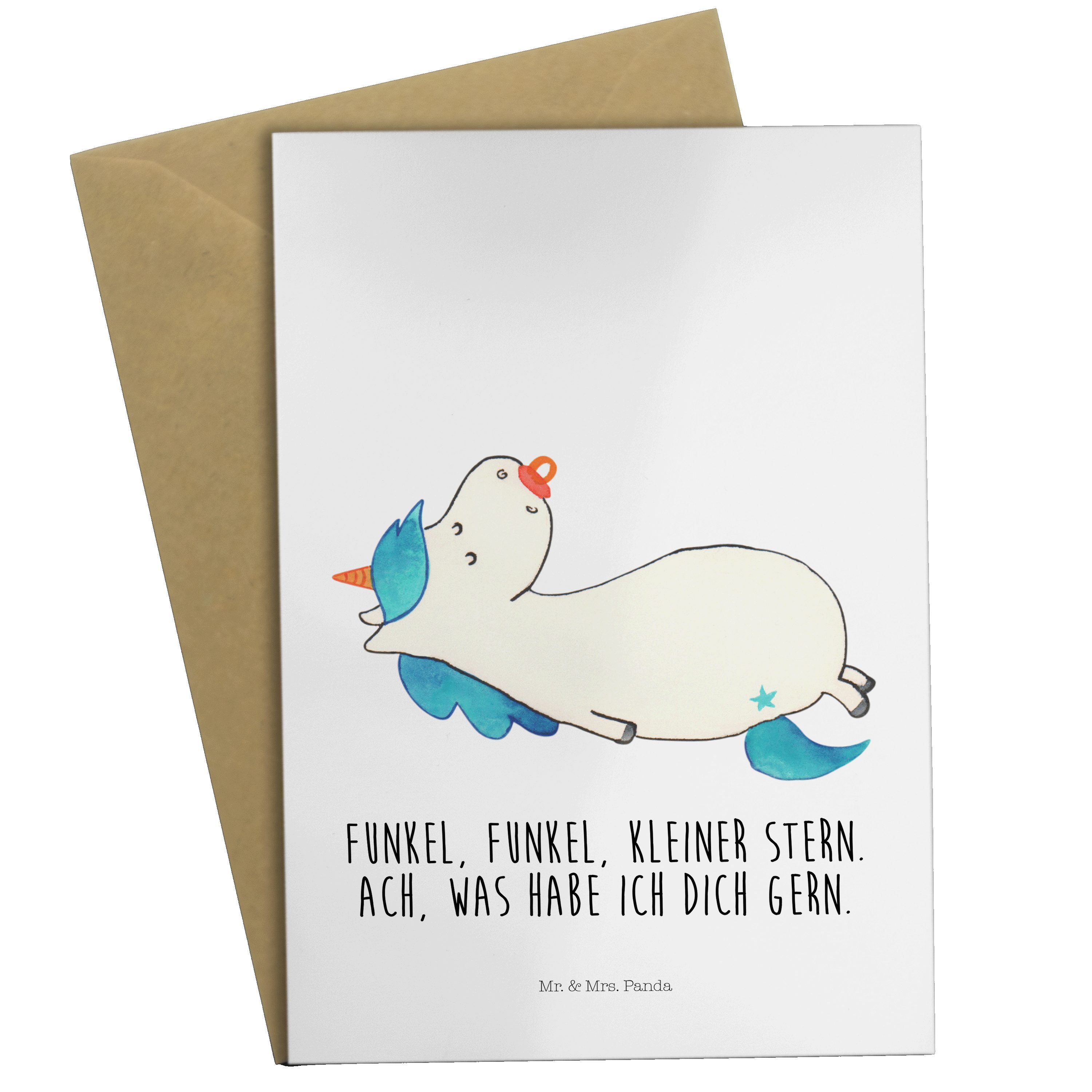Mr. & Mrs. Panda Grußkarte Einhorn Schnullie - Weiß - Geschenk, Unicorn, Baby, Geburtstagskarte