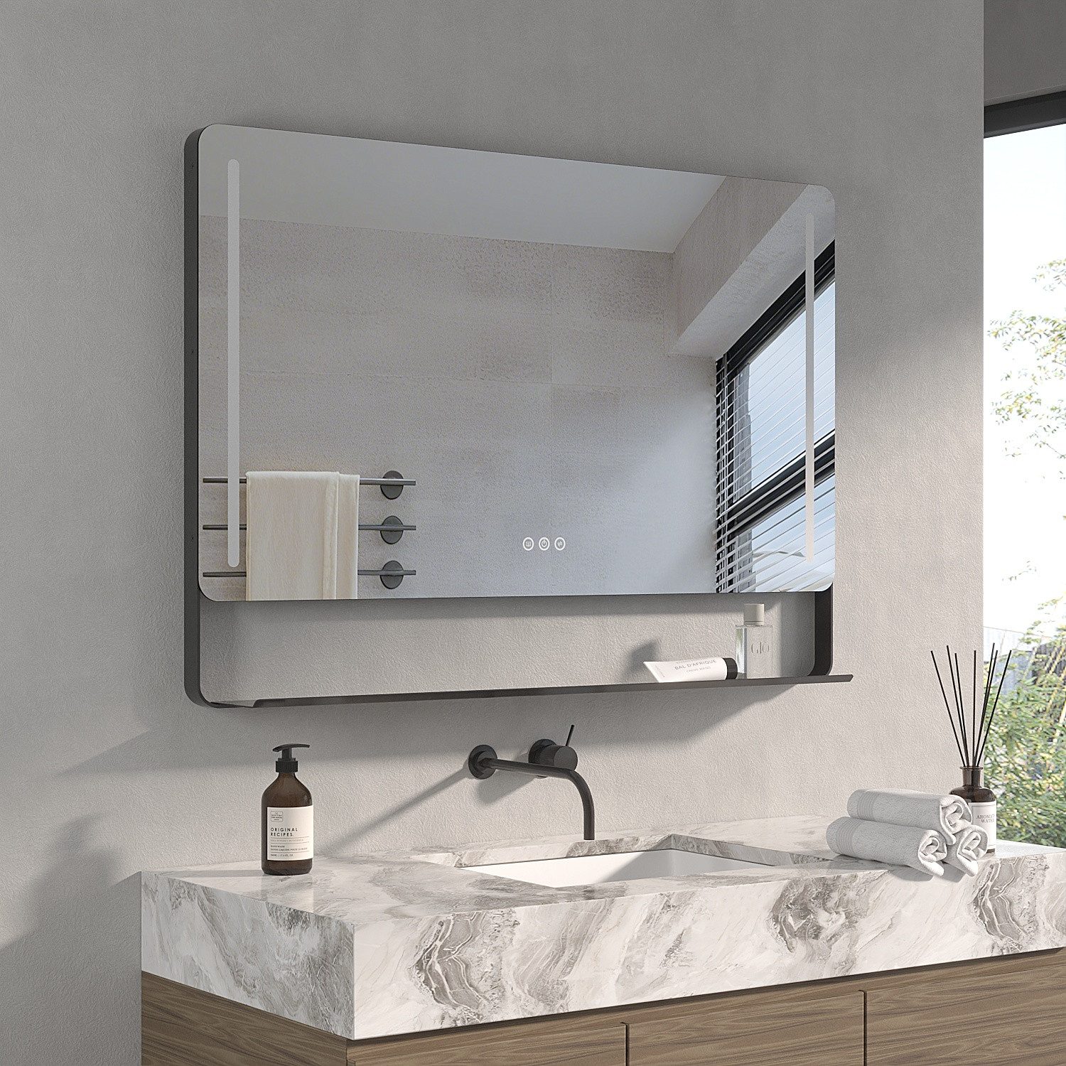 AQUALAVOS Badspiegel Badspiegel mit LED Beleuchtung Schwarz Rahmen Lichtspi günstig online kaufen