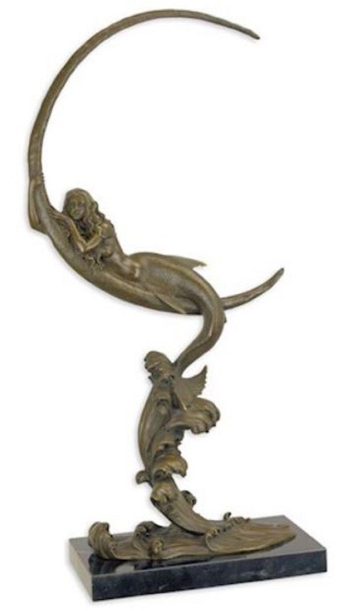 Casa Padrino Dekofigur Luxus Skulptur - 14 Bronzefarben - Elegante Meerjungfrau x 65 / mit cm Bronze Marmorsockel & Accessoires Bronzefigur Halbmond Schwarz x H. Deko 32,7