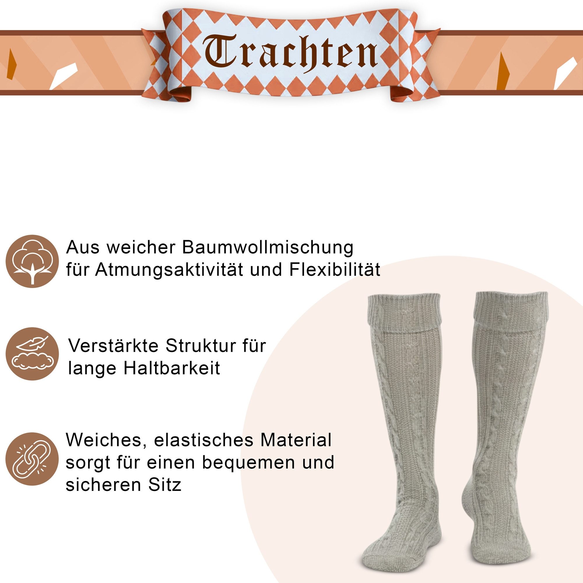 German Wear Trachtensocken GW250- 6xPaar AMZ (6er-Pack) 6er Pack Trachtenstrümpfe Lange Trachtensocken Strümpfe Socken 70cm