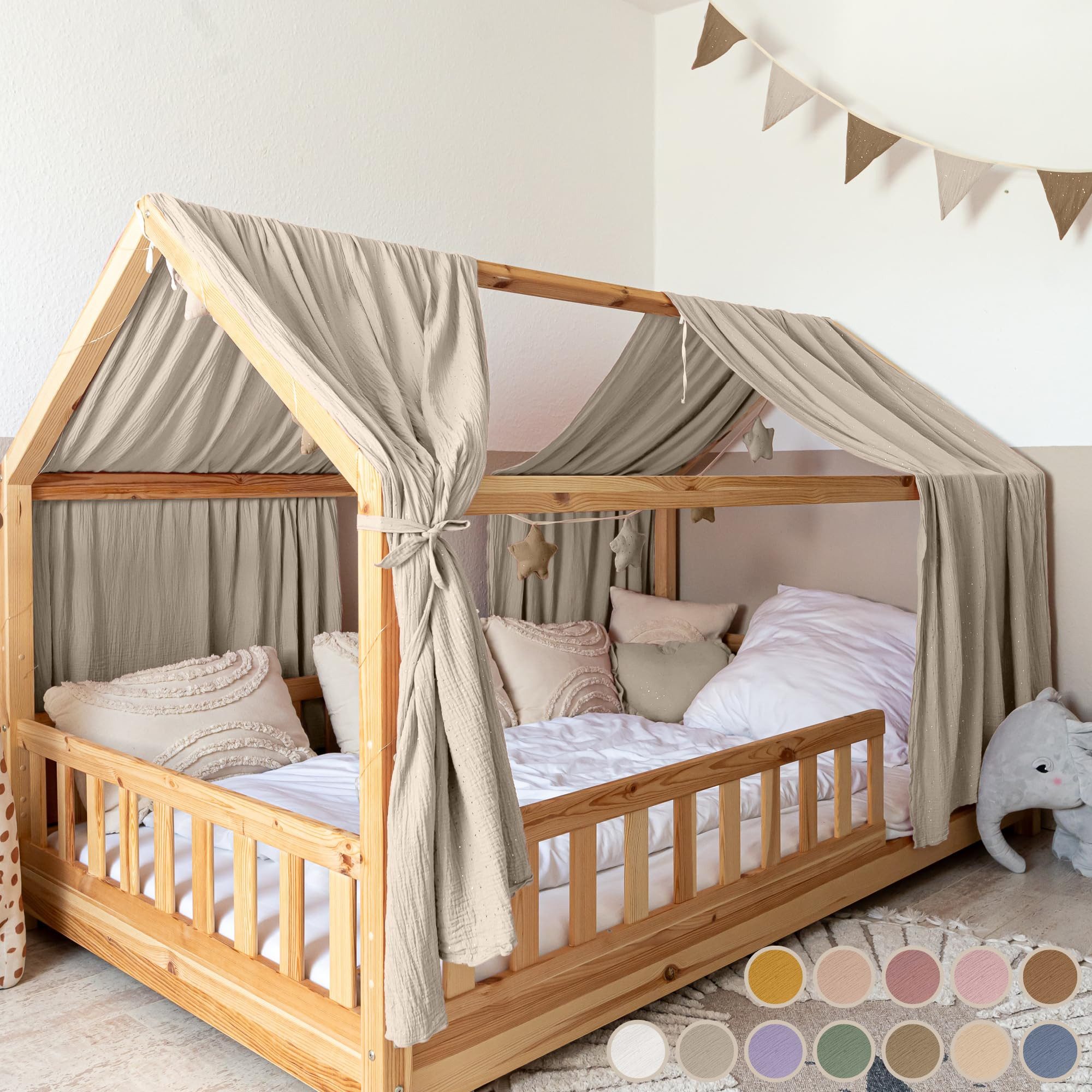 lilimaus Betthimmel Hausbetthimmel Baumwoll Musselin Betthimmel Kinder Hausbett 2er Set, Stilvolle Musselin-Deko für Kinderzimmer, ideal als Geschenkidee