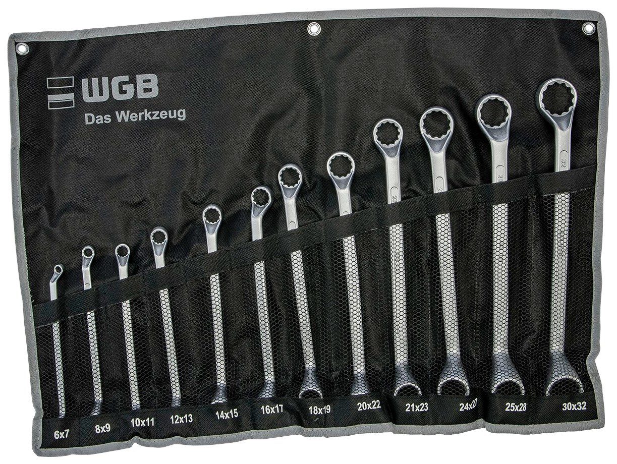 WGB BASIC PLUS Ringschlüssel Stahl, 12 (Set, St), verchromt, gekröpft, Chrom-Vanadium in Doppelringschlüssel-Satz Rolltasche