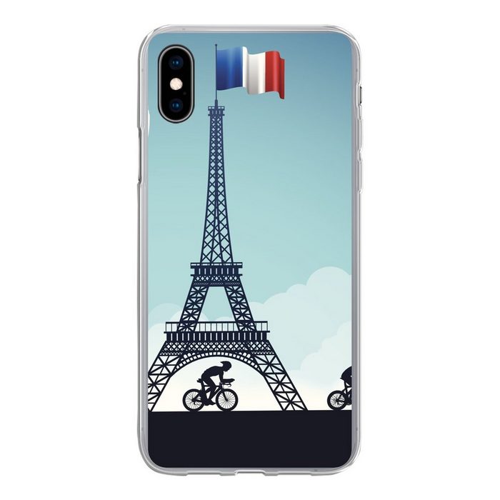 MuchoWow Handyhülle Eine Illustration von Radfahrern die am Eiffelturm vorbeifahren Handyhülle Apple iPhone Xs Max Smartphone-Bumper Print Handy