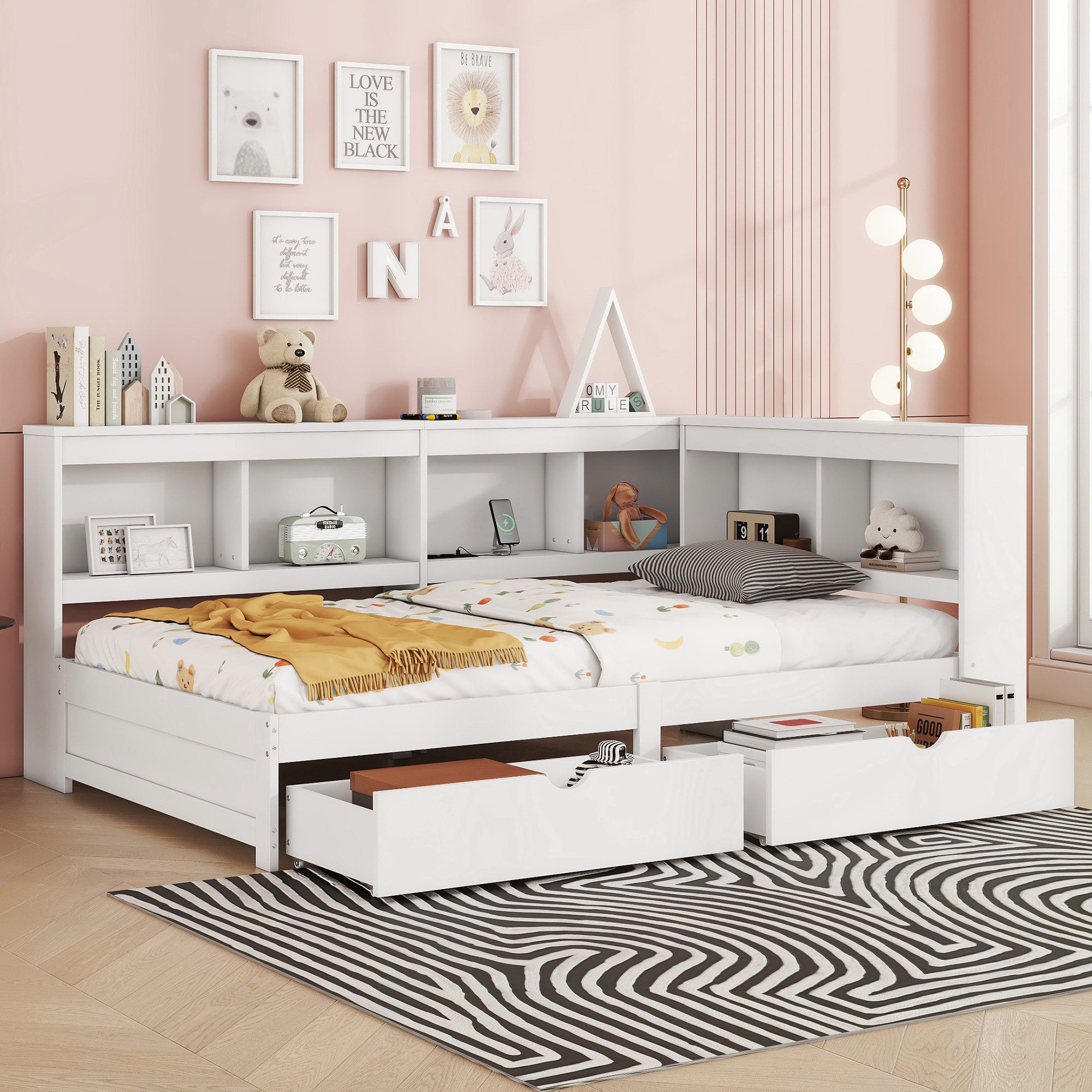 STILVORA Schlafsofa 90×200 mit Schubladen,Tagesbett Daybett mit Steckdose&Lattenrost, mit Lattenrost, zwei Schubladen und USB-Ladeanschlüssen, ohne Matratze