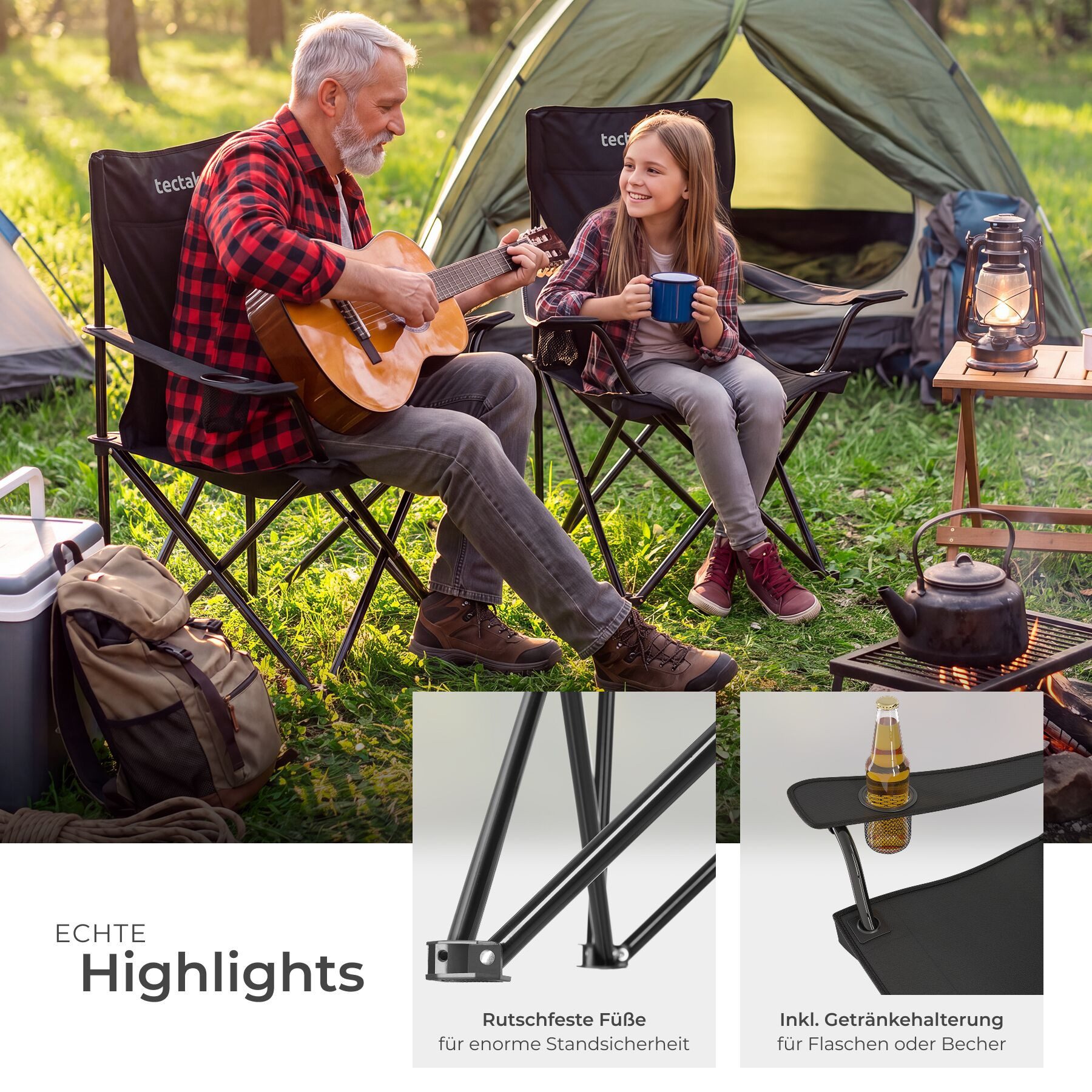 tectake Campingstuhl Gartenstuhl faltbar, mit Getränkehalter, 80 x 48 x 84,5 cm (Outdoor Klapptstuhl Gil für Außen in Schwarz, 4 St), geringes Gewicht, inkl. Tr – Bild 4 von 5