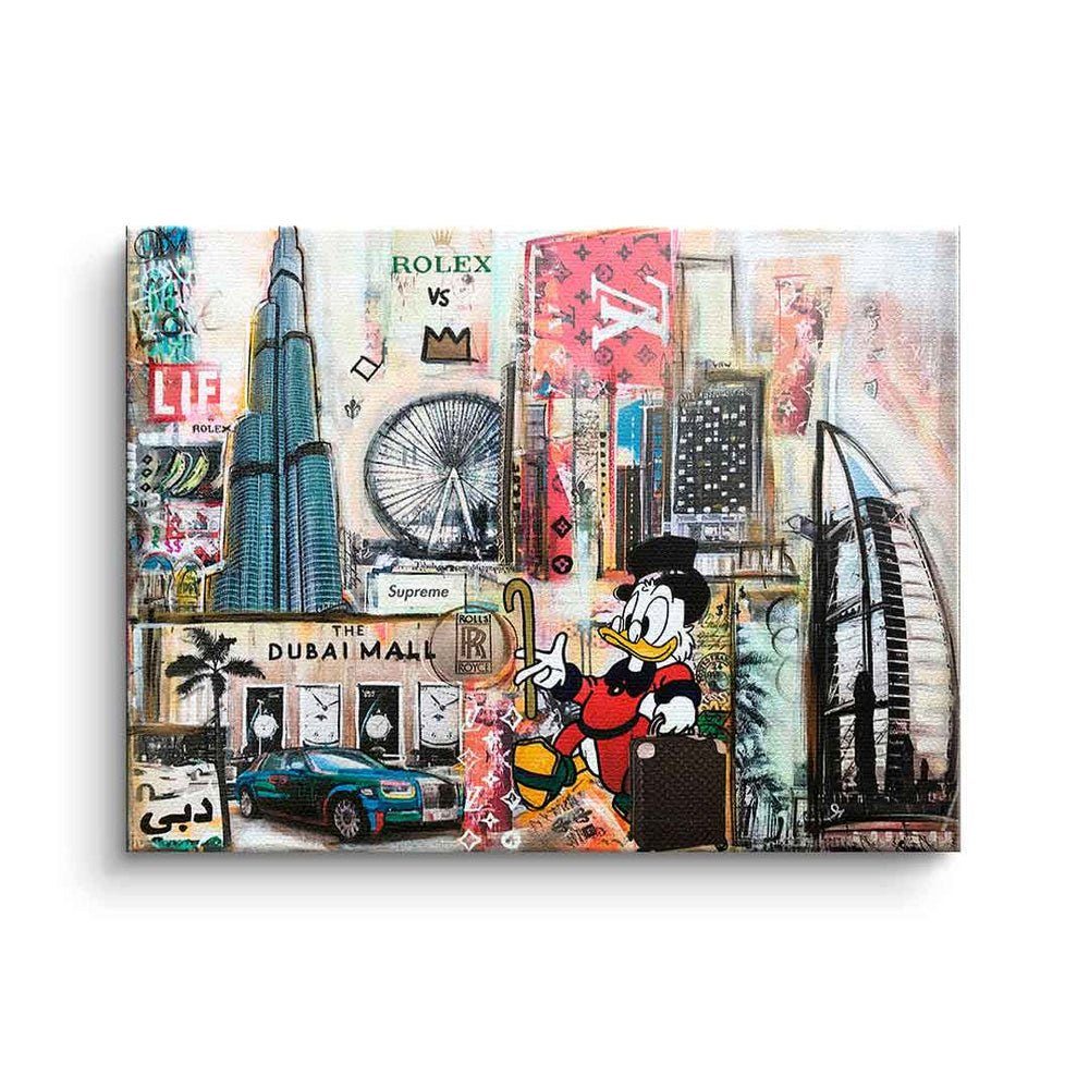DOTCOMCANVAS® Leinwandbild Dagobert in Dubai, Dagobert Duck Leinwandbild quer Dubai Skyline Comic Pop Art Collage ohne Rahmen