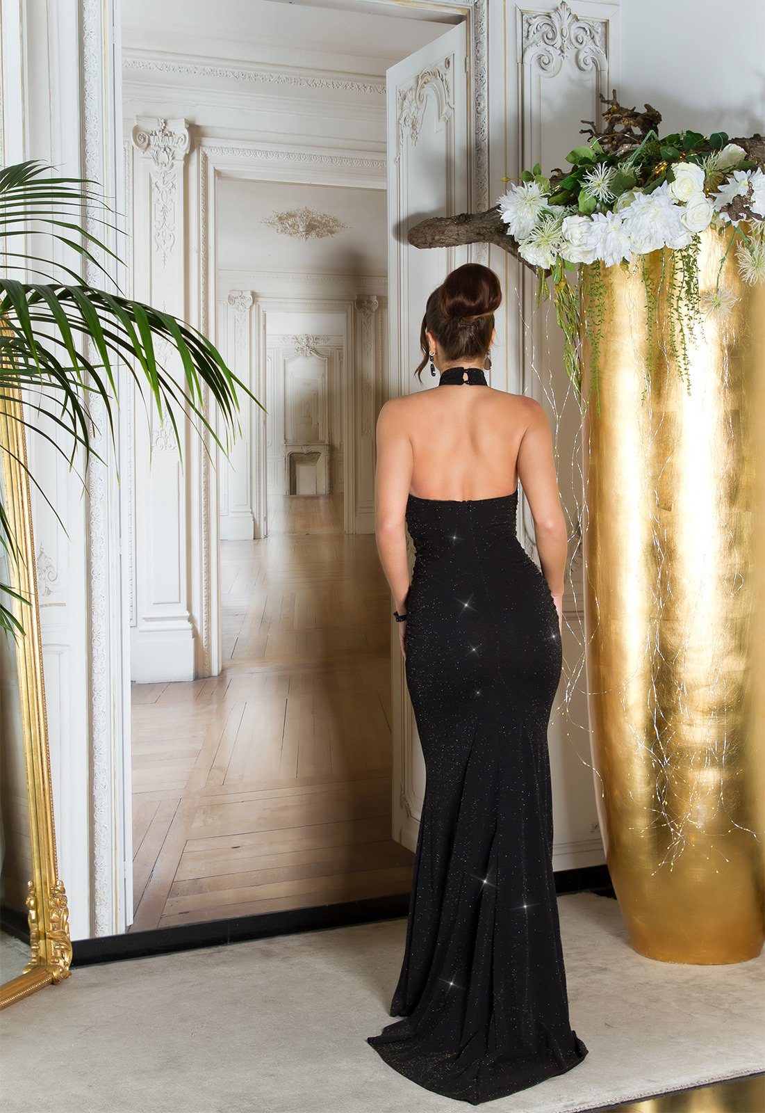 Neckholder im glitzerndes Gala-Look schwarzgold Koucla Maxikleid Abendkleid