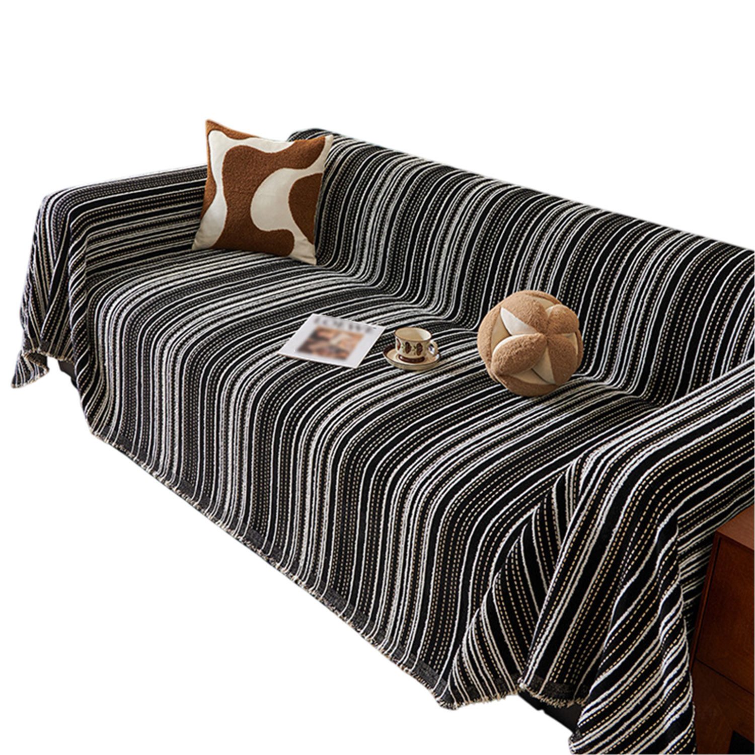 Refttenw Sofahusse Sofa Überwurfdecke Streifen Sofaüberwurf Quasten Sofadecke Chenille, 180x230/180x260/180x300/180x340cm, für Wohnzimmer Schlafzimmer