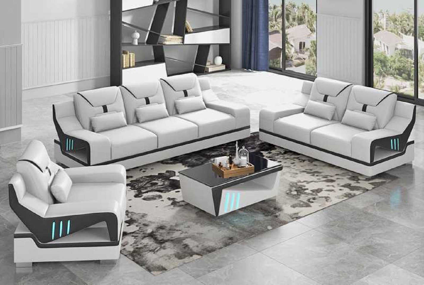 JVmoebel Wohnzimmer-Set Luxus Sofagarnitur Couchgarnitur Schwarz Kunstleder Sofa 321, (3-St., Nur Sofa 2+3 Sitzer + Sessel), Made in Europe Weiß