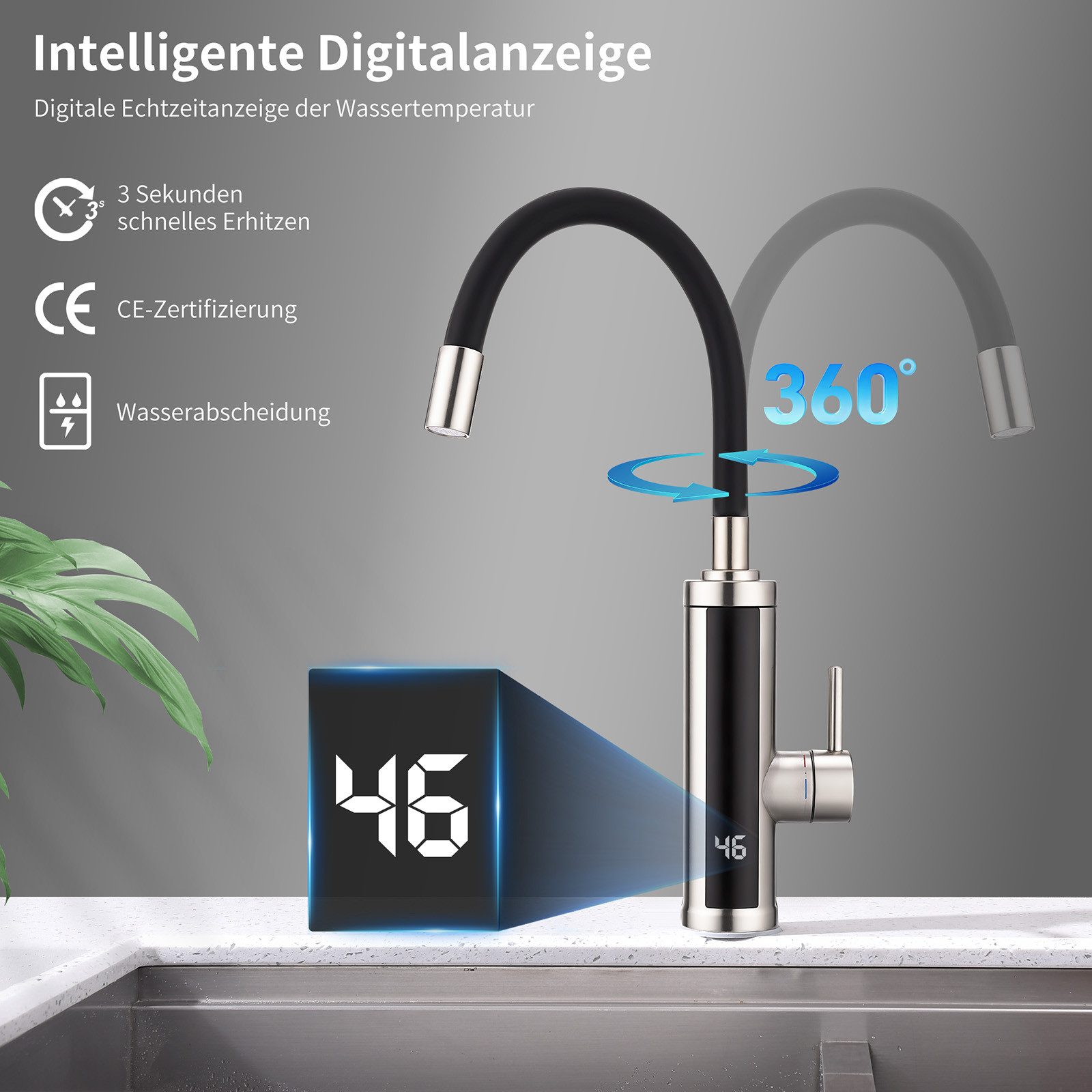 HOMELODY Küchenarmatur Elektrischer Wasserhahn Durchlauferhitzer 3000W mit Temperaturanzeige (Set) Sofort warmes Wasser · flexibel beweglicher Auslauf · Edelstahl