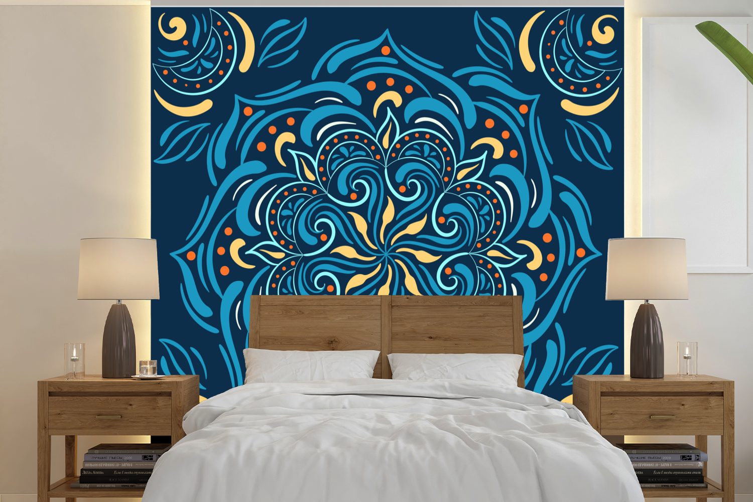 MuchoWow Fototapete Mandala - Blau - Gelb - Muster, Matt, bedruckt, (5 St), Vinyl Tapete für Wohnzimmer oder Schlafzimmer, Wandtapete