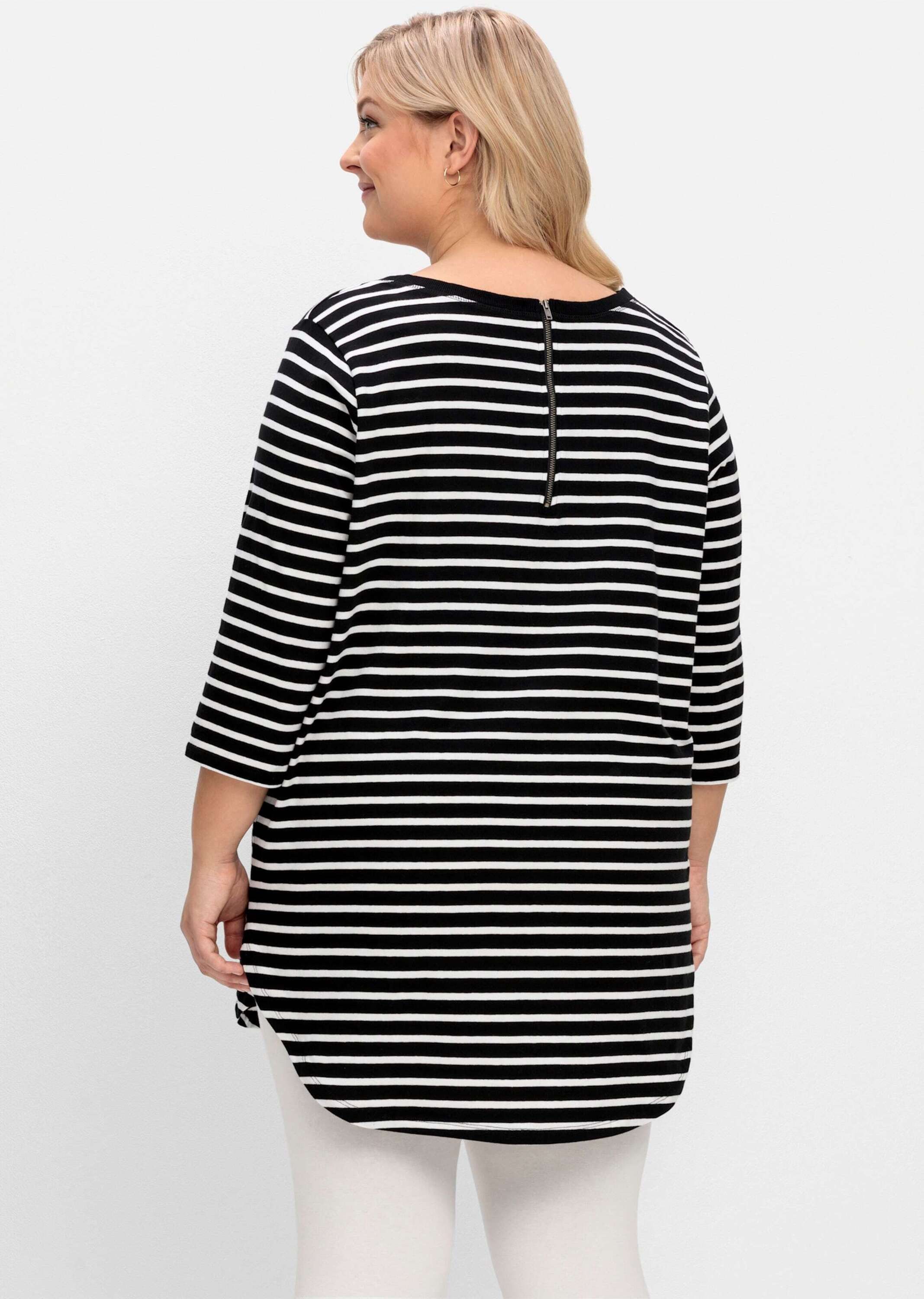 Sheego T-Shirt Longshirt 3/4-Arm mit Streifen und Nacken-Reißverschluss günstig online kaufen