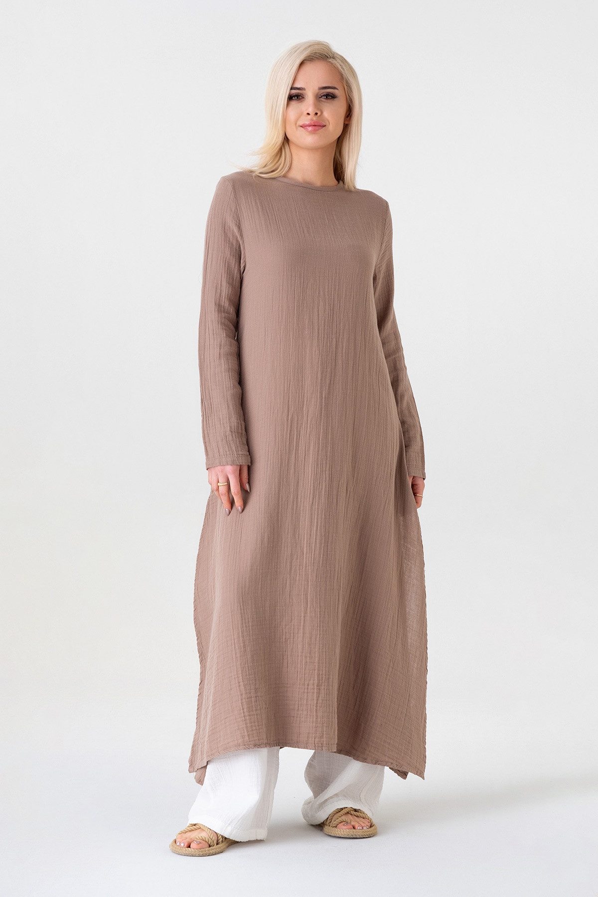 WENOR Longtunika Damen Musselin Longbluse Langarm mit Seitenschlitzen Modest Fashion extra langer Schnitt für bedeckte Looks