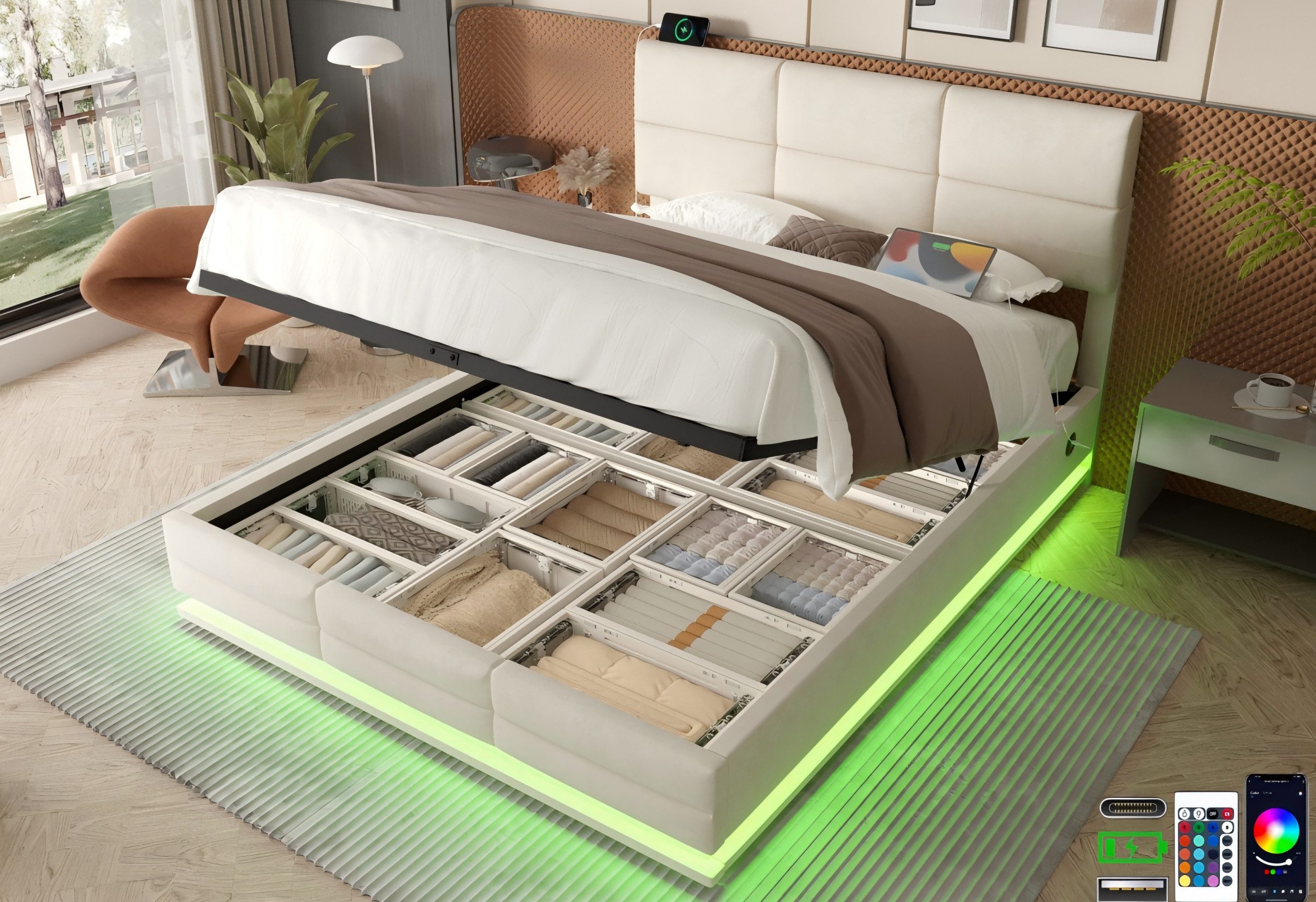 LVHOM Boxbett 90/140/160/180x200 cm mit LED, USB, Typ C-Ladeanschluss, Bett günstig online kaufen