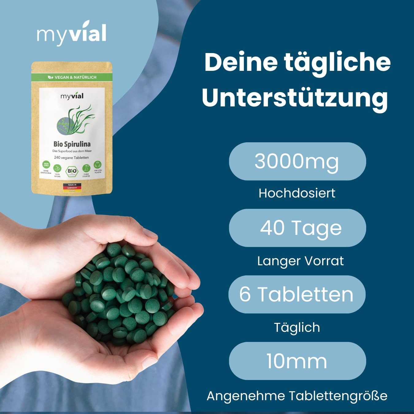 myvial Bio Spirulina Tabletten - naturrein - ohne Zusätze - Tabletten, 240 vegane Tabletten, 100% Spirulina (Arthrospira platensis) à 240 St., plastikfrei verpackt, 40 Tage Vorrat, höchste Qualität