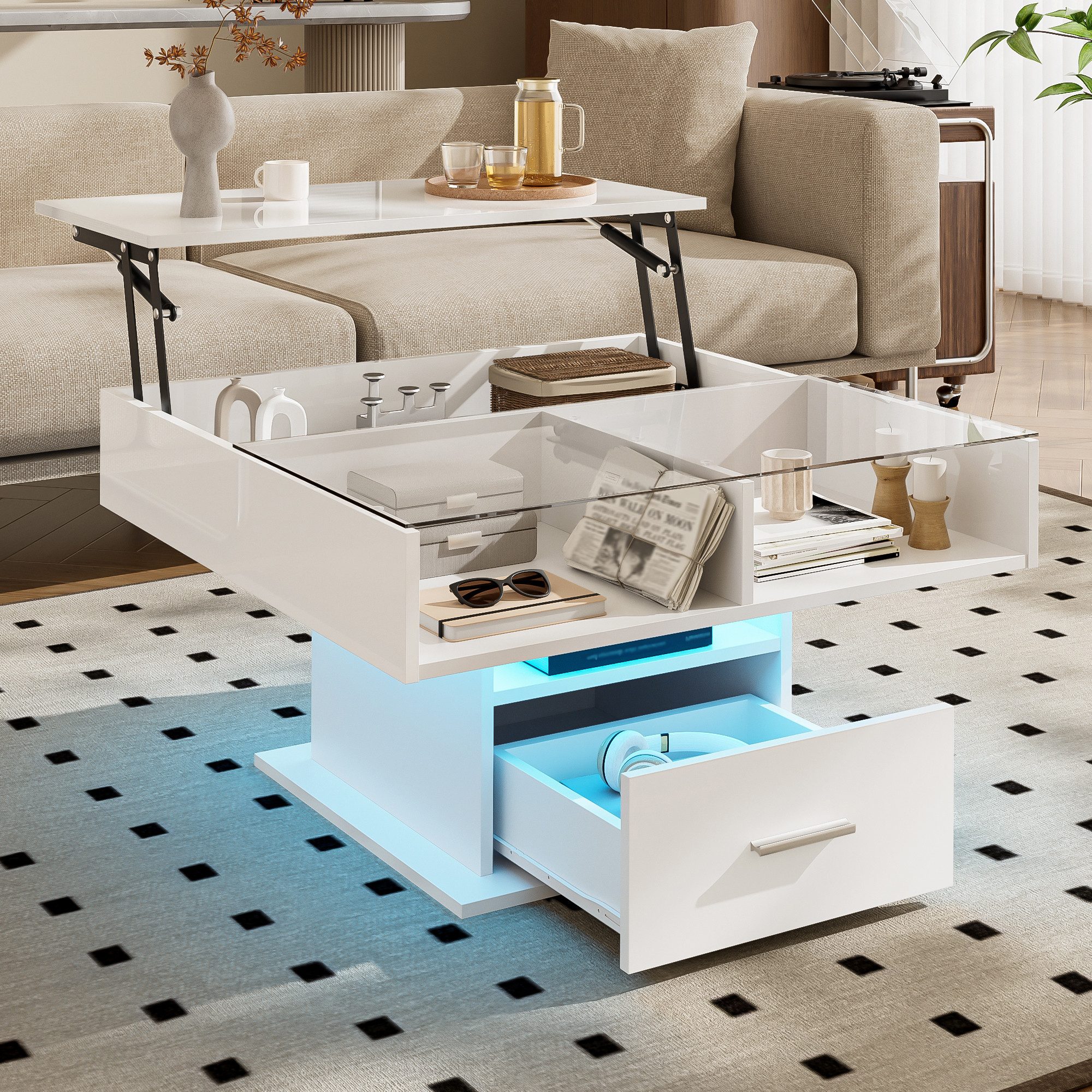 Merax Couchtisch Hochglanz-Lift-Sofatisch Beistelltisch mit LED-Beleuchtung günstig online kaufen