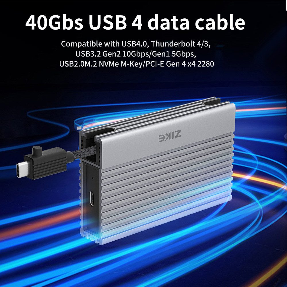 ZIKE Festplatten-Gehäuse Z666 USB4 NVMe SSD-Gehäuse, kompatibel mit 4 SSD-Spezifikationen, 2280, 2260, 2242 und 2230