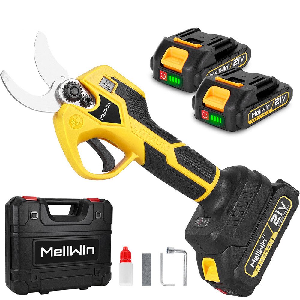 MELLWIN Akku-Astschere 21V bürstenlos bis 32 mm Schnittstärke, mit 2 x 2,0Ah Akkus, Gartenschere für Obstbäume, Sträucher & Gartenpflege