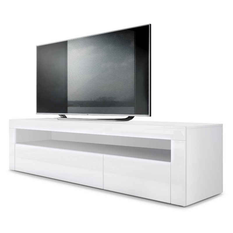Vladon Lowboard Valencia (TV-Kommode, ​mit 1 offenem Fach und 2 Klappen), Weiß matt/Weiß Hochglanz/Weiß Hochglanz (155 x 46 x 40 cm)