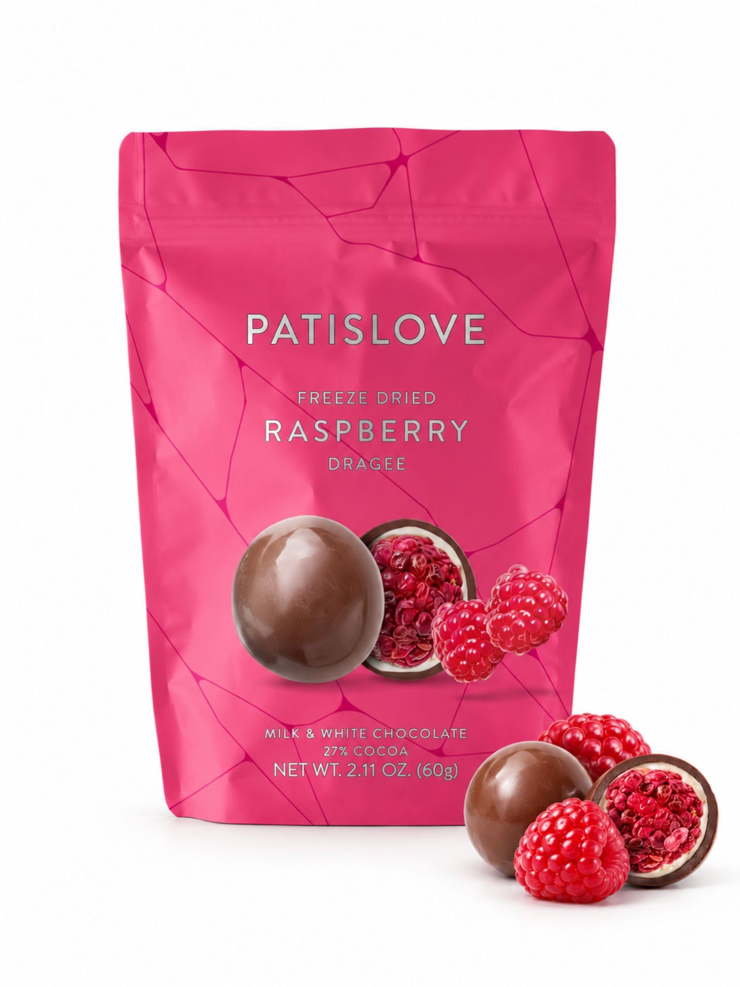 PATISLOVE Schokolade Himbeer Dragees, gefriergetrocknete Himbeeren, Vollmilch & weiß, 1 x 60 g, ohne Farb- und Konservierungsstoffe
