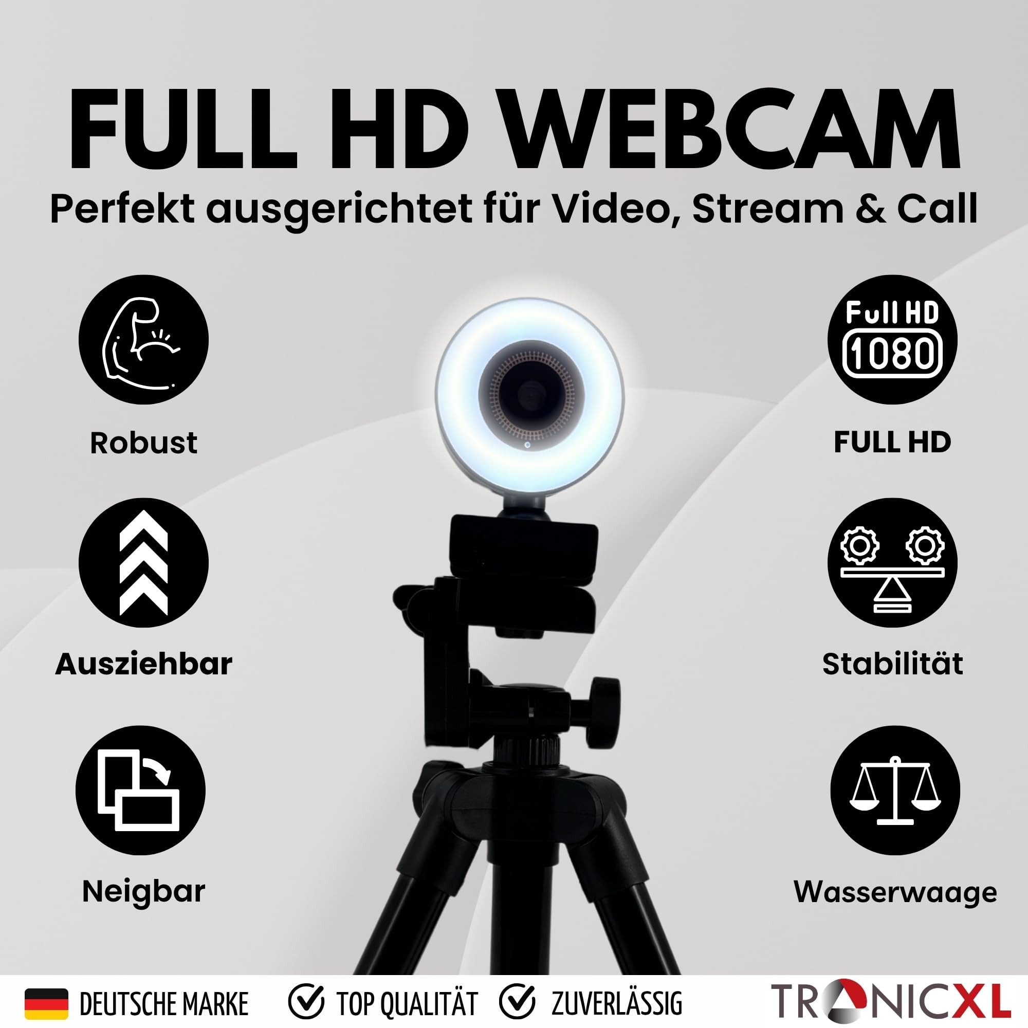 TronicXL Full HD Webcam 1080p + Stativ Ständer PC mit Lampe Ringleuchte USB Webcam (Full HD, Mit Halterung, Autofokus für PC Windows 11)