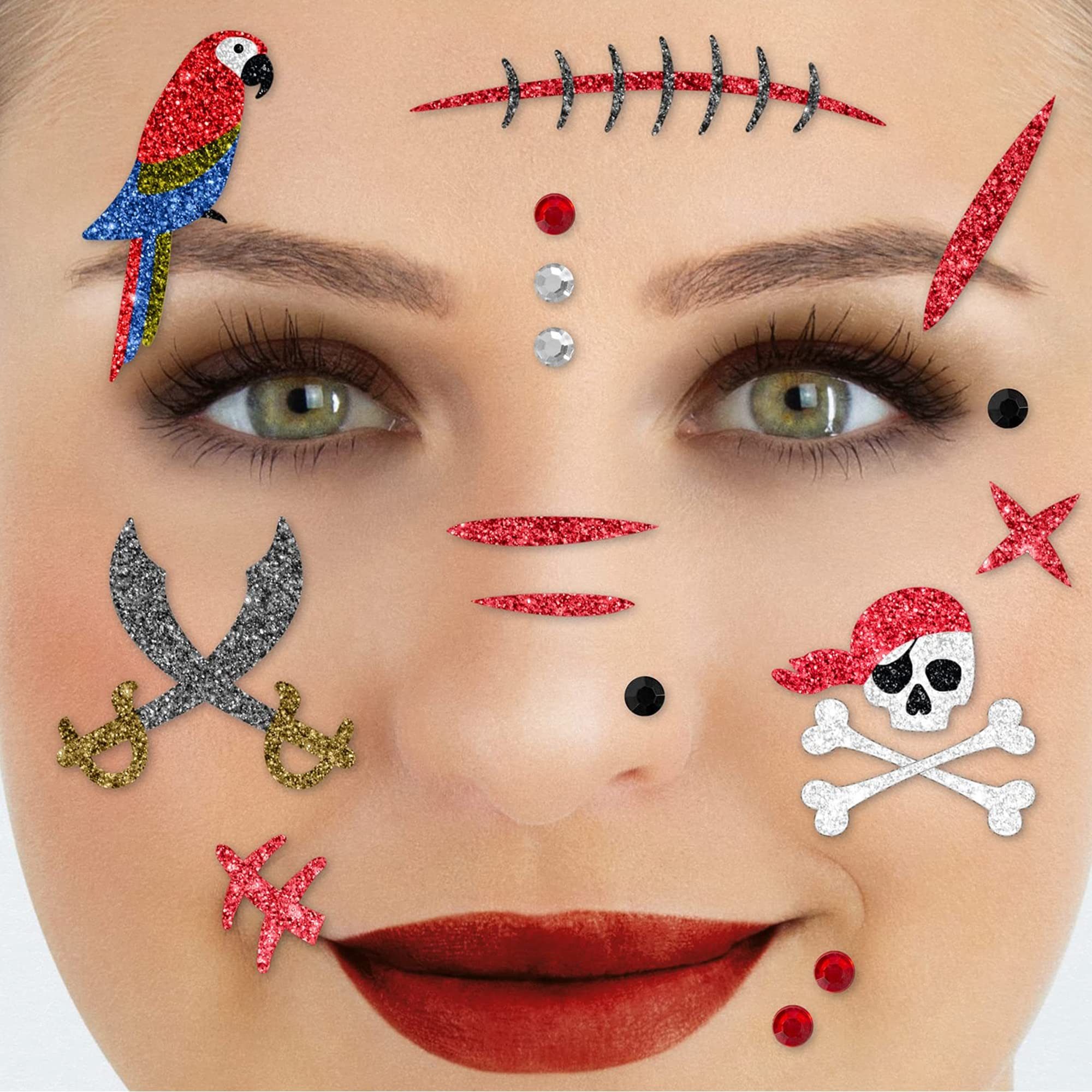 Party Factory Strass-Tattoo Glitter Face Tattoo - Piraten, mit Glitzerelementen und Strass-Steinchen je nach Wahl