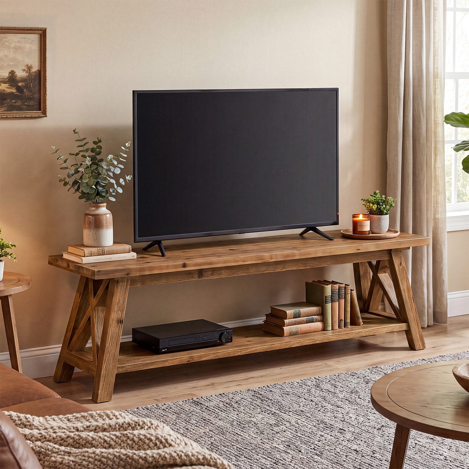 Tribesigns TV-Schrank 140 cm TV-Ständer aus Massivholz für 140/152/165 cm Fernseher im Landhausstil mit offenem Ablagefach