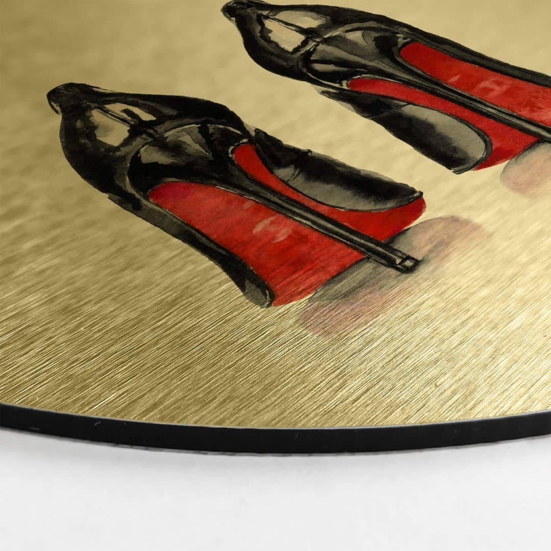 K&L Wall Art Alu-Dibond-Druck Metallposter Rund Lady Pumps Lack Rot High Heels erotisch Gold, Metalloptik Wandbild Ø 30cm