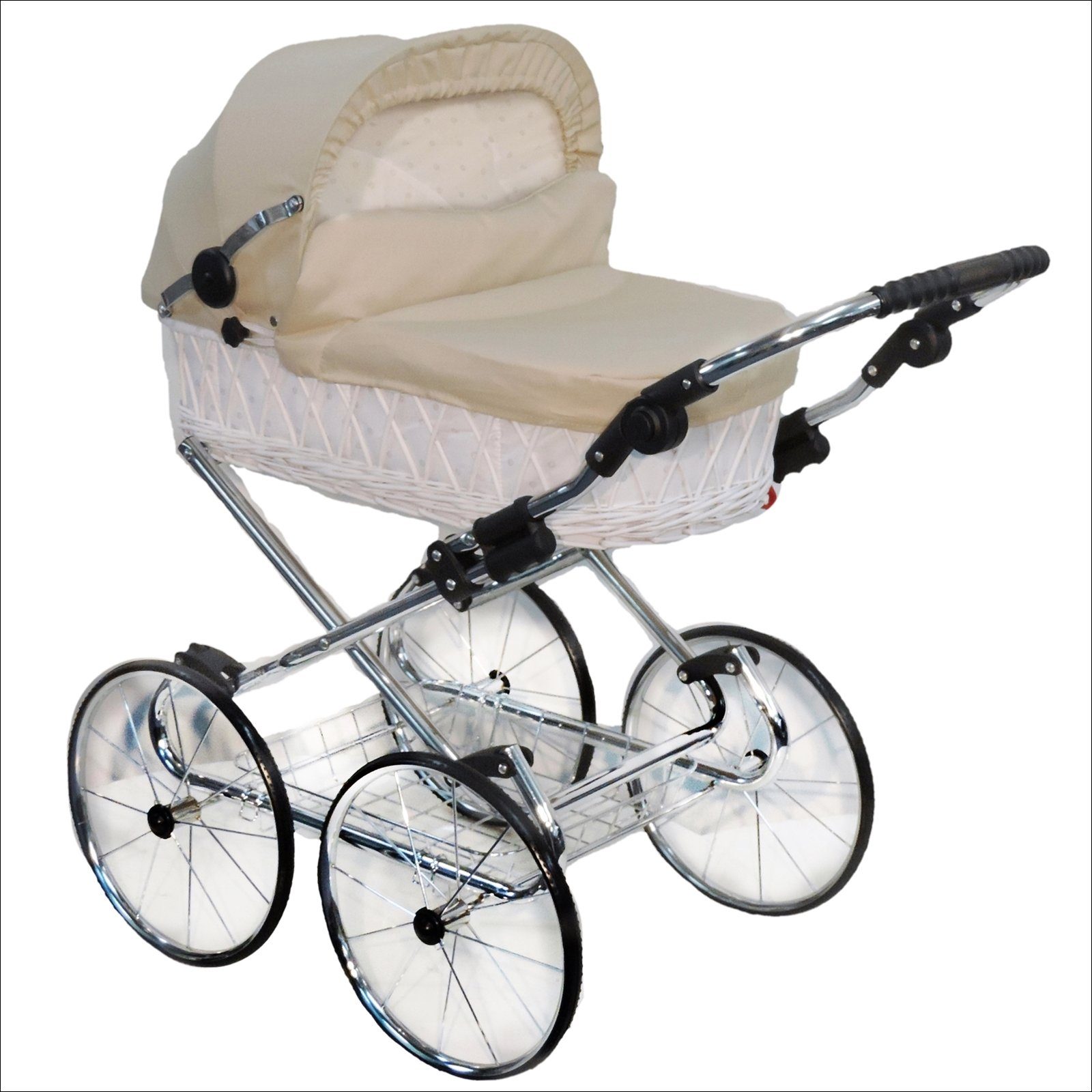 Eichhorn Kinderwagen Puppenwagen klassischer Weidenkorb-Puppenwagen - Weide Weiß, (kompletter Korbpuppenwagen), mit höhenverstellbarem Griff für Kinder von 3-10 Jahren - made in EU